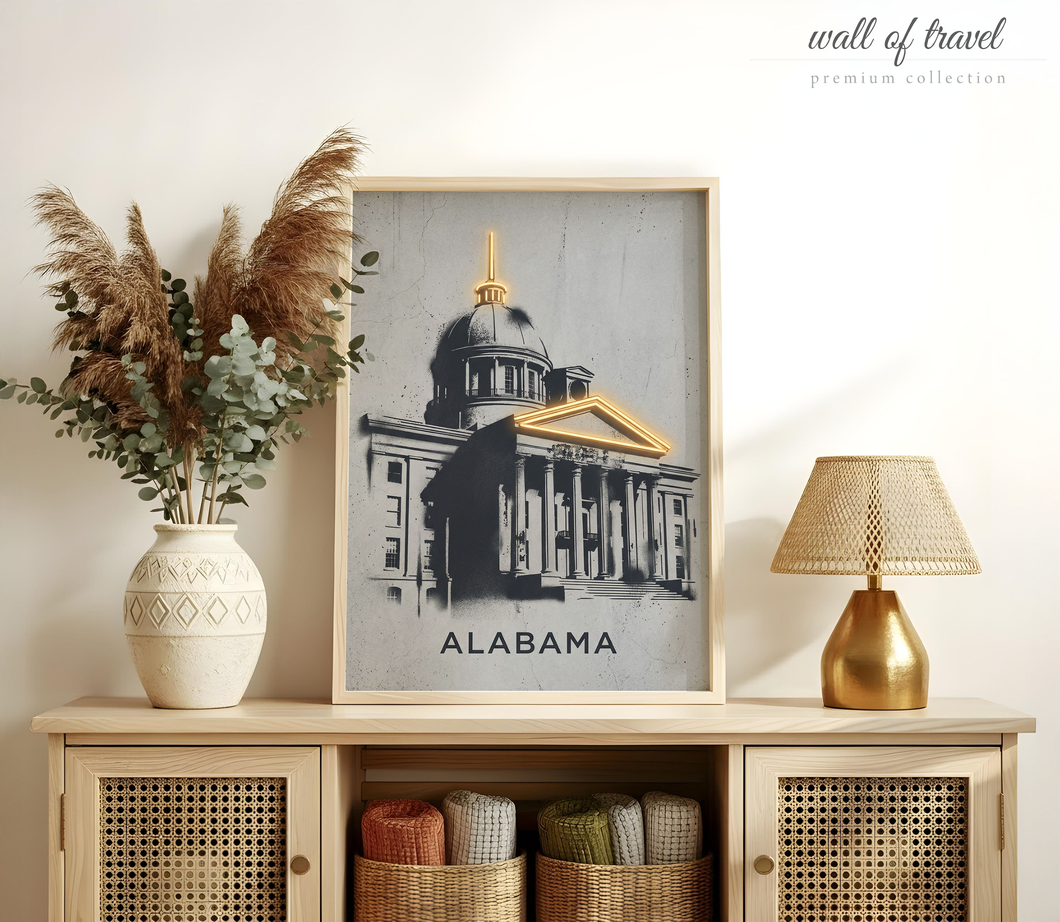 Montgomery Alabama State Capitol Art, Canvas or Poster, Vintage Travel Deco Decor, Living Room Office Study Wall Art, Black Gold Grey Cream