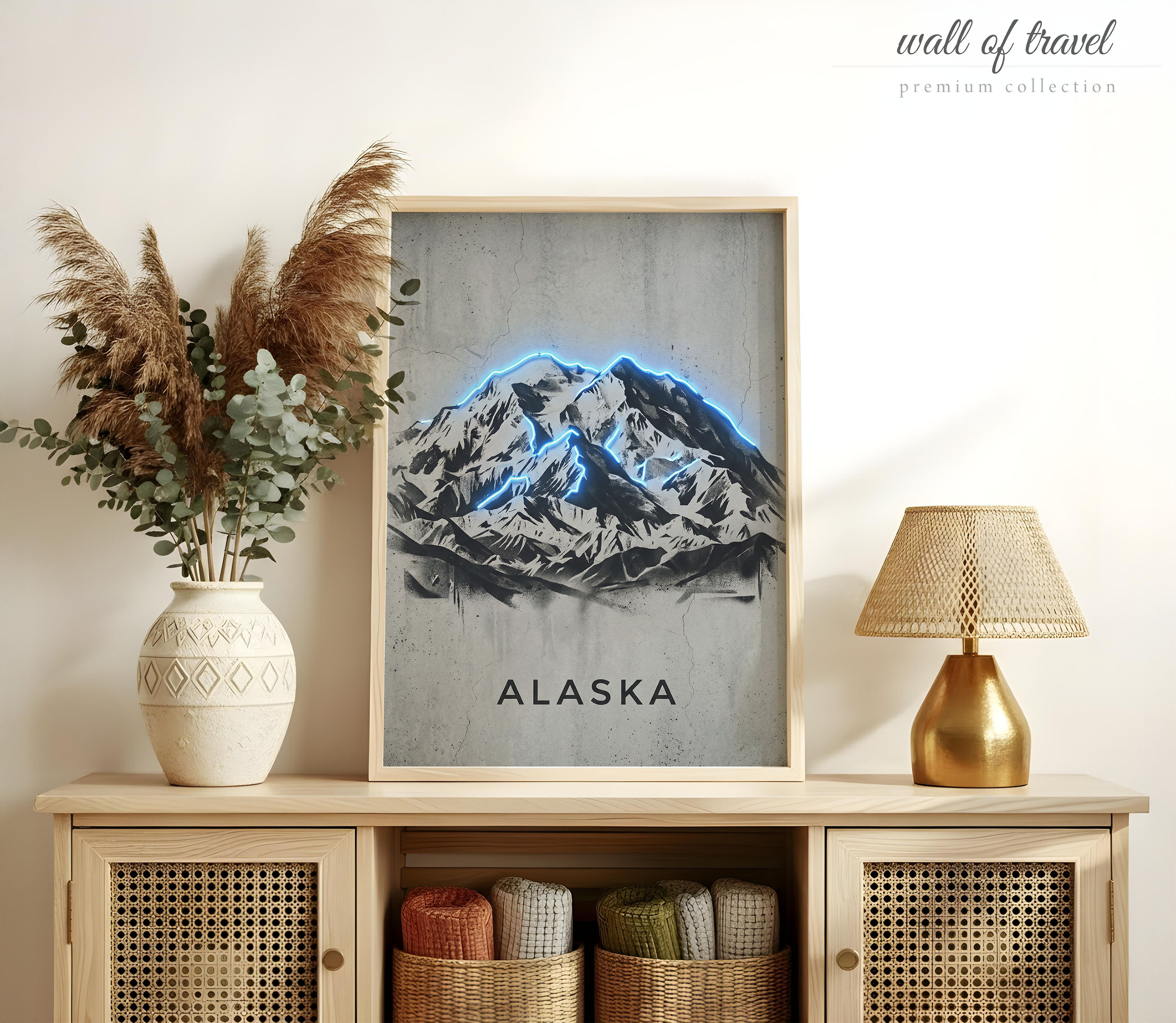 Alaska USA Denali Art, Canvas or Poster, Neon Paint Splash Decor, Living Room Entryway Office Vacation Home Wall Art, Blue Black White Grey