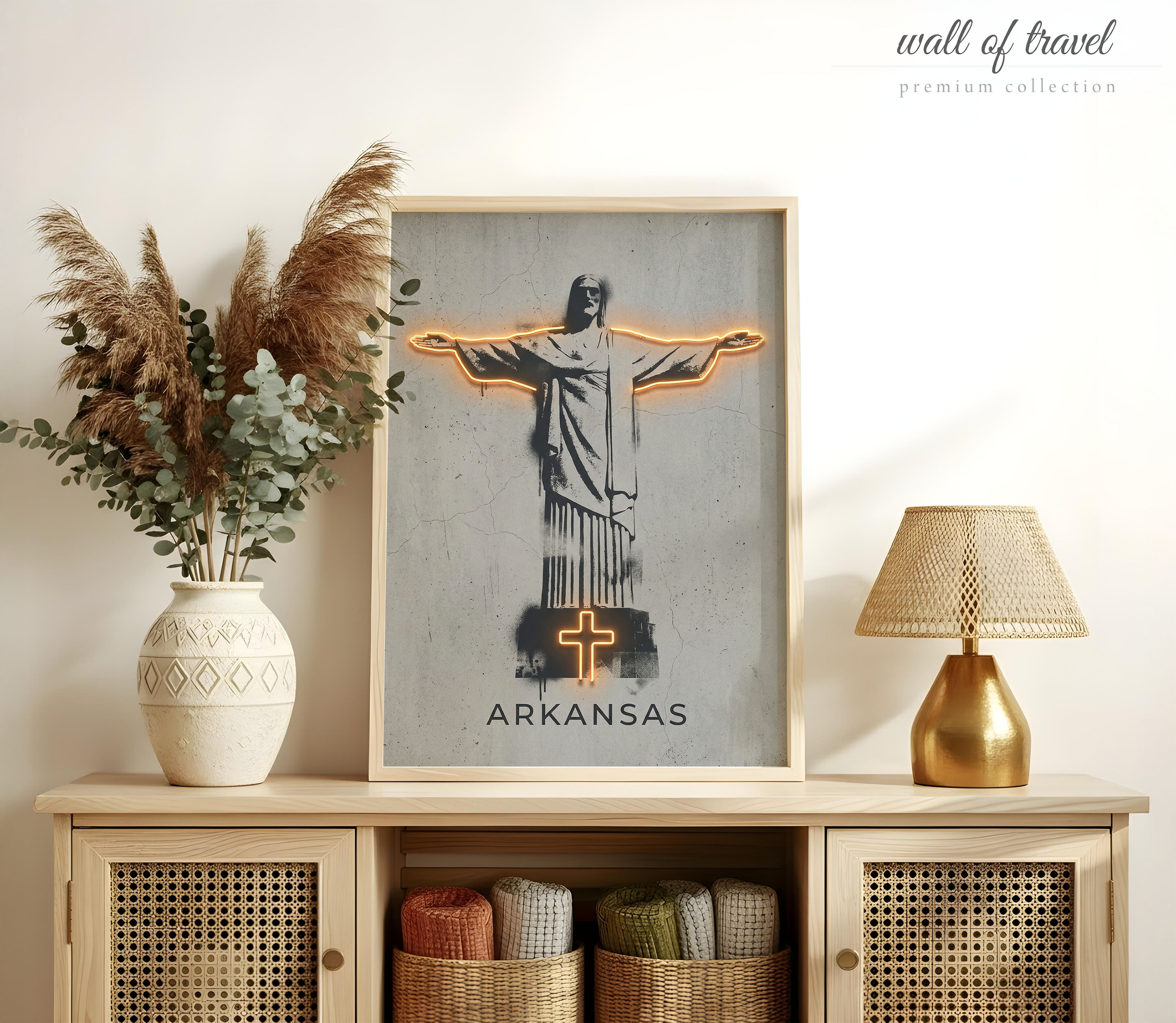 Arkansas USA Christ the Redeemer Statue Art, Canvas or Poster, Neon Paint Splash Decor, Living Room Entryway Vacation Home Wall Art, Grey