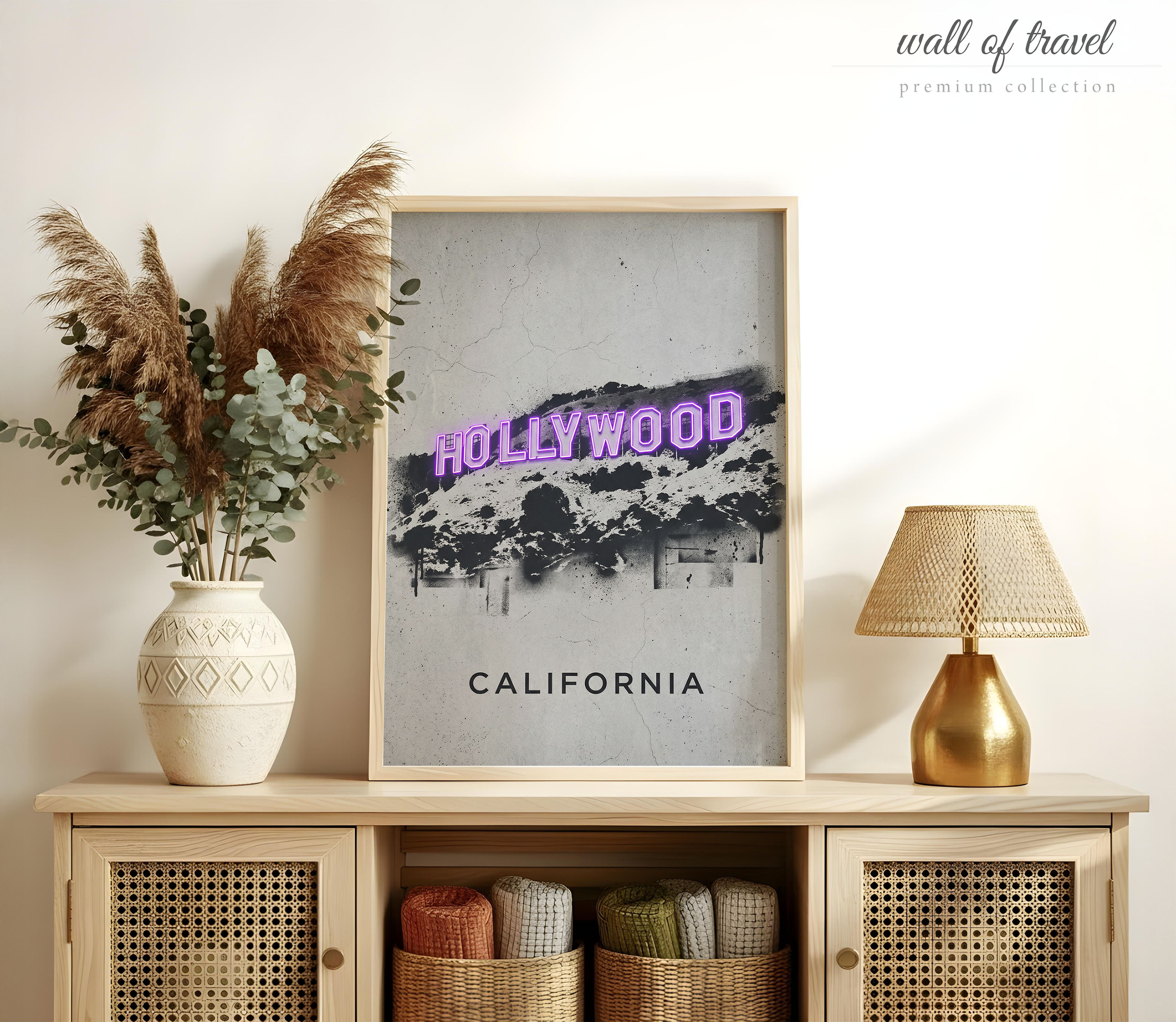 Hollywood California Hollywood Sign Art, Canvas or Poster, Neon Paint Splash Decor, Living Room Bedroom Office Wall Art, Purple Black Grey