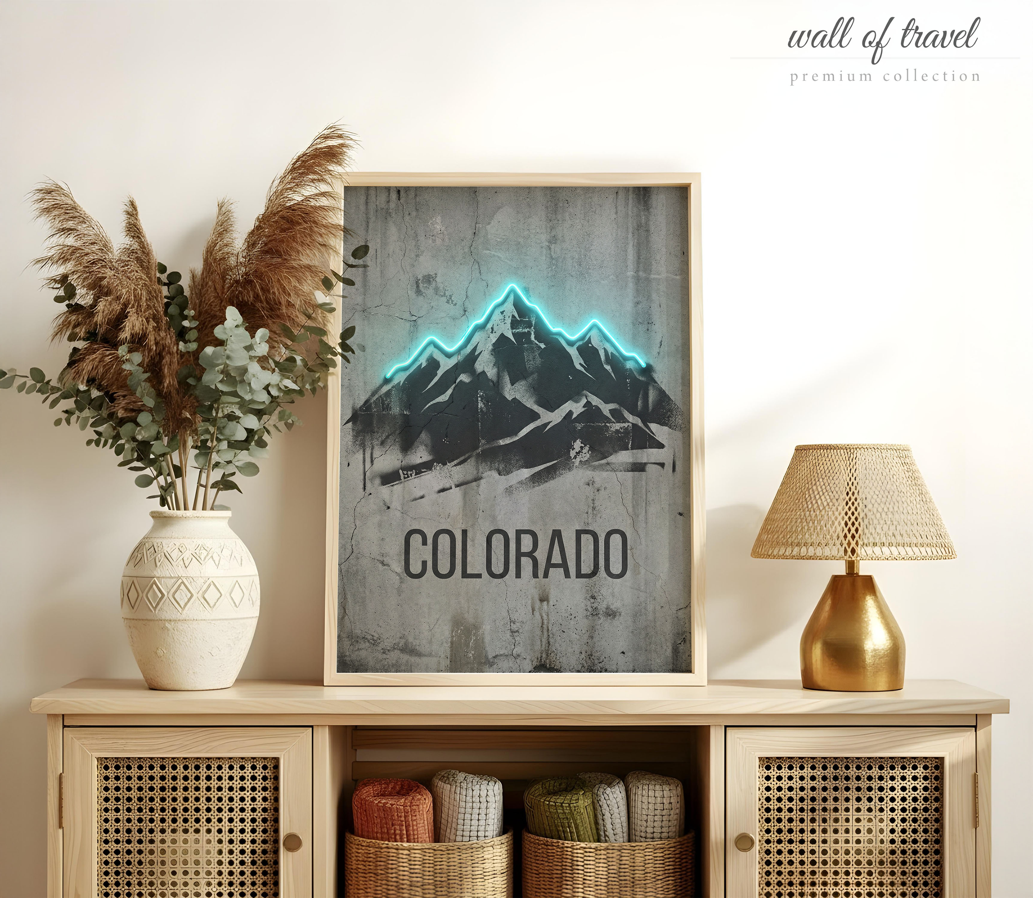 Colorado USA Mountain Range Art, Canvas or Poster, Neon Paint Splash Decor, Living Room Office Study Den Wall Art, Blue Black Grey White