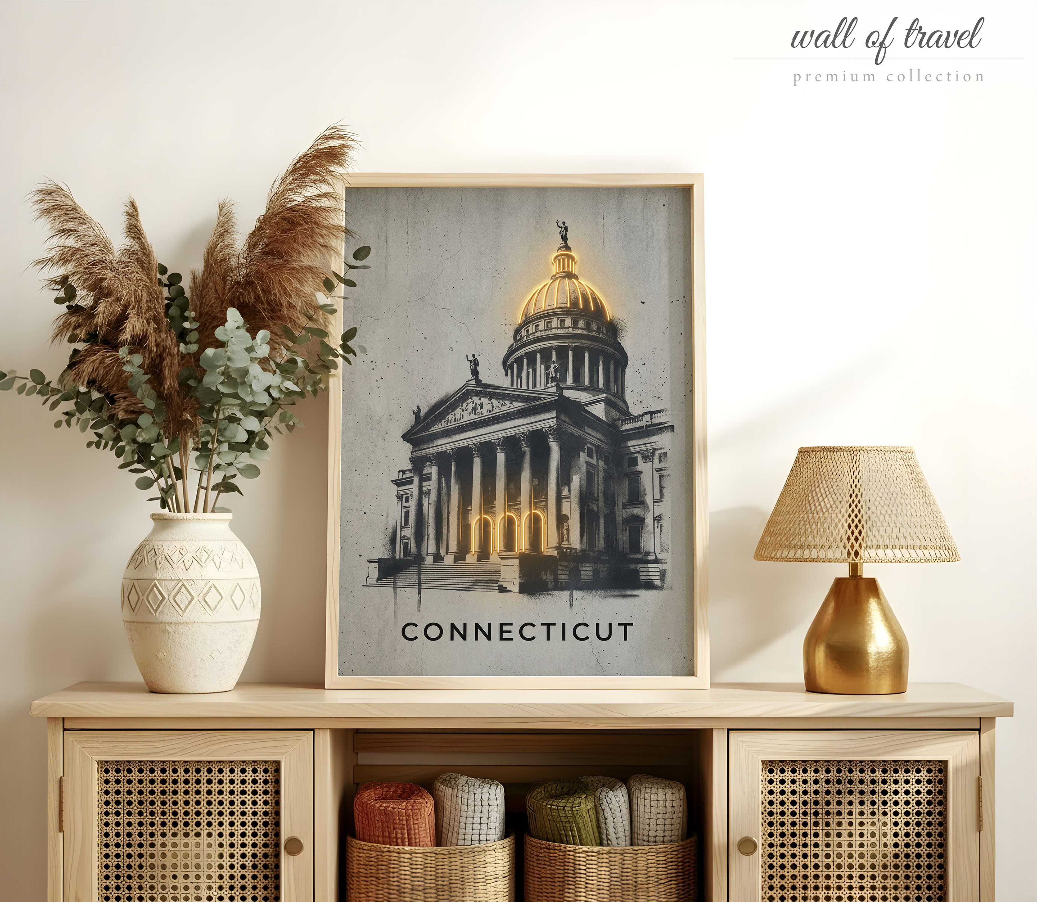 Hartford Connecticut State Capitol Building Art, Canvas or Poster, Neon Paint Splash Decor, Office Living Room Study Wall Art, Gold Grey