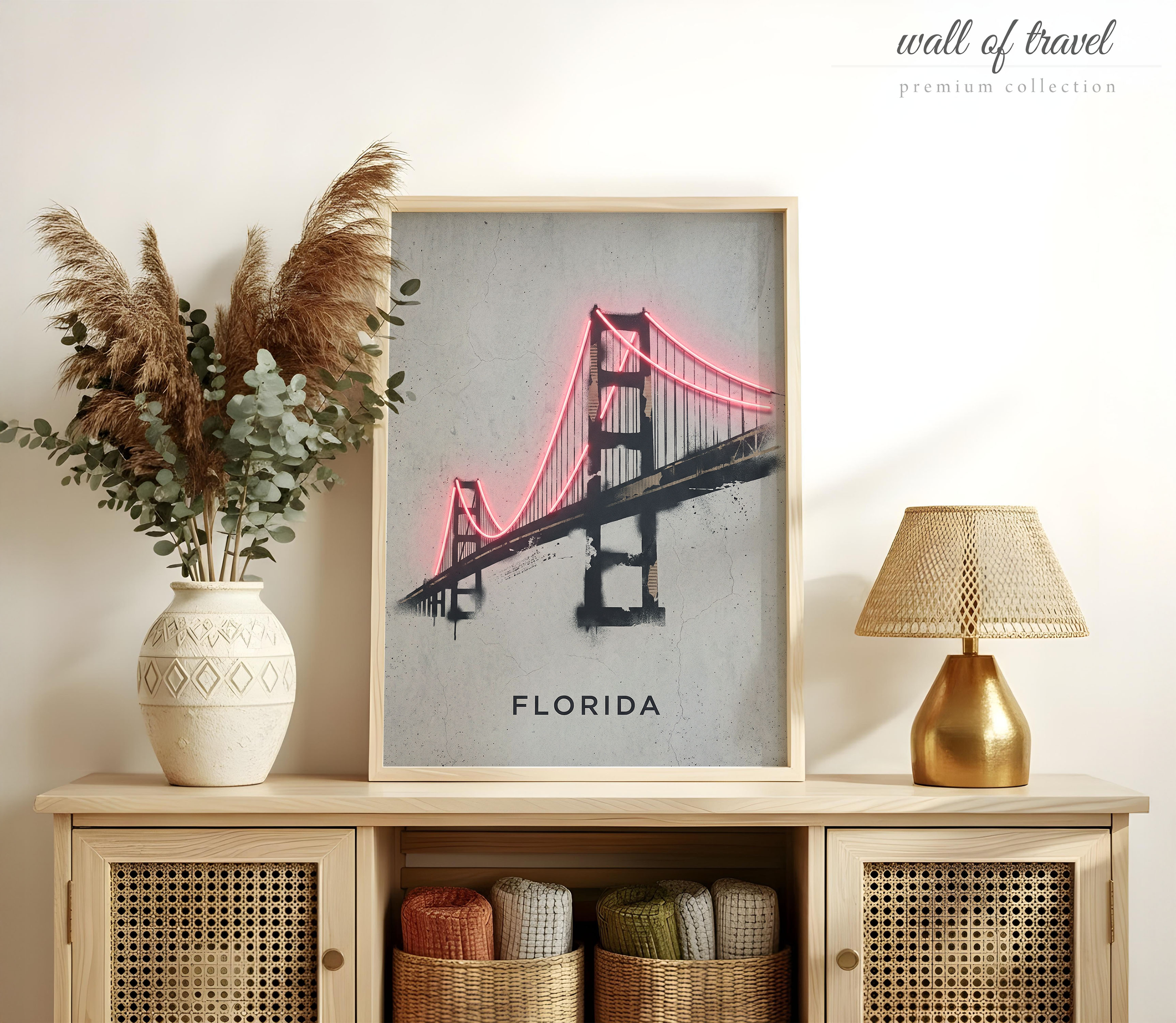 Florida USA Iconic Bridge Art, Canvas or Poster, Neon Paint Splash Decor, Living Room Bedroom Office Wall Art, Pink Black Grey