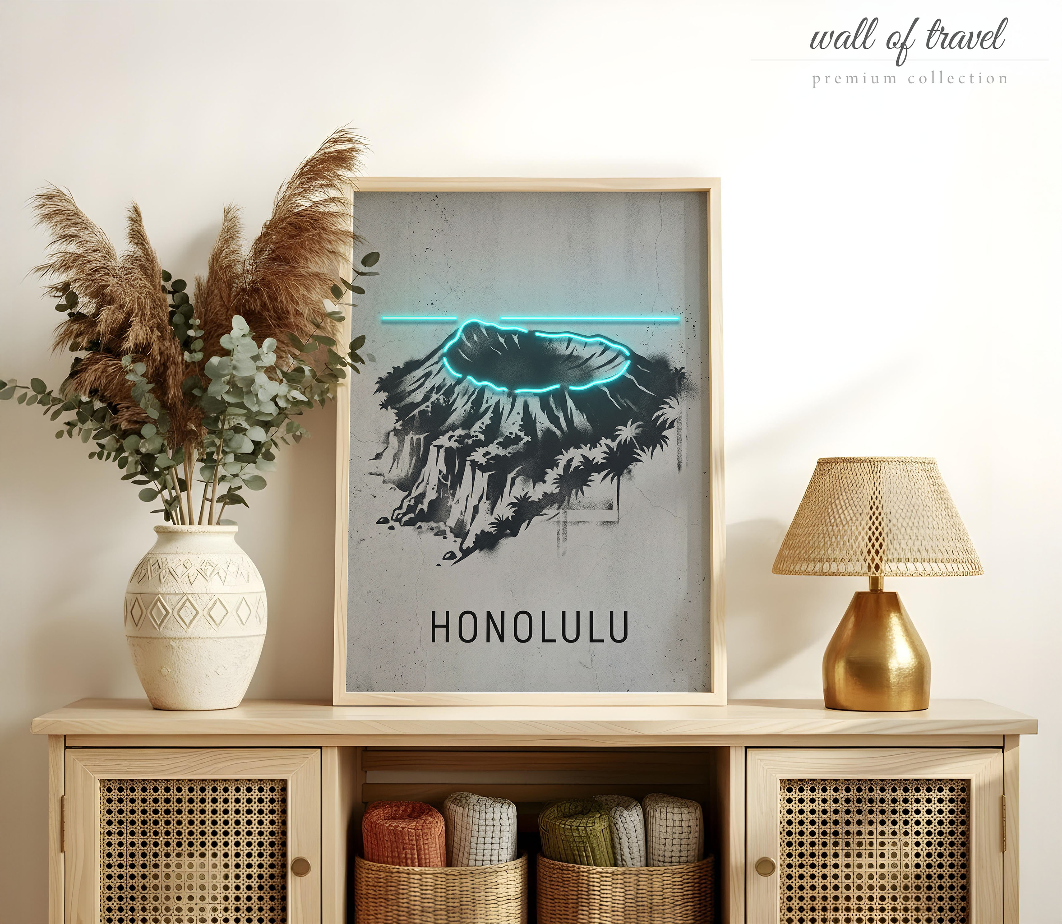 Honolulu Hawaii Diamond Head Crater Art, Canvas or Poster, Neon Paint Splash Decor, Living Room Bedroom Office Wall Art, Teal Black Grey