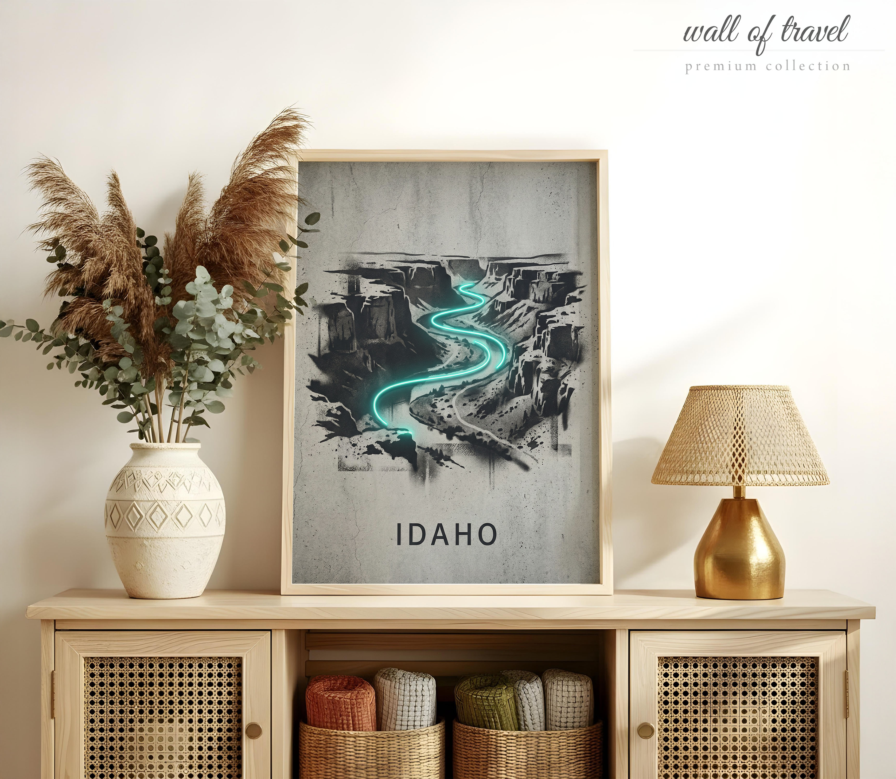 Idaho USA Snake River Art, Canvas or Poster, Neon Paint Splash Decor, Vacation Home Living Room Office Airbnb Wall Art, Teal Grey White