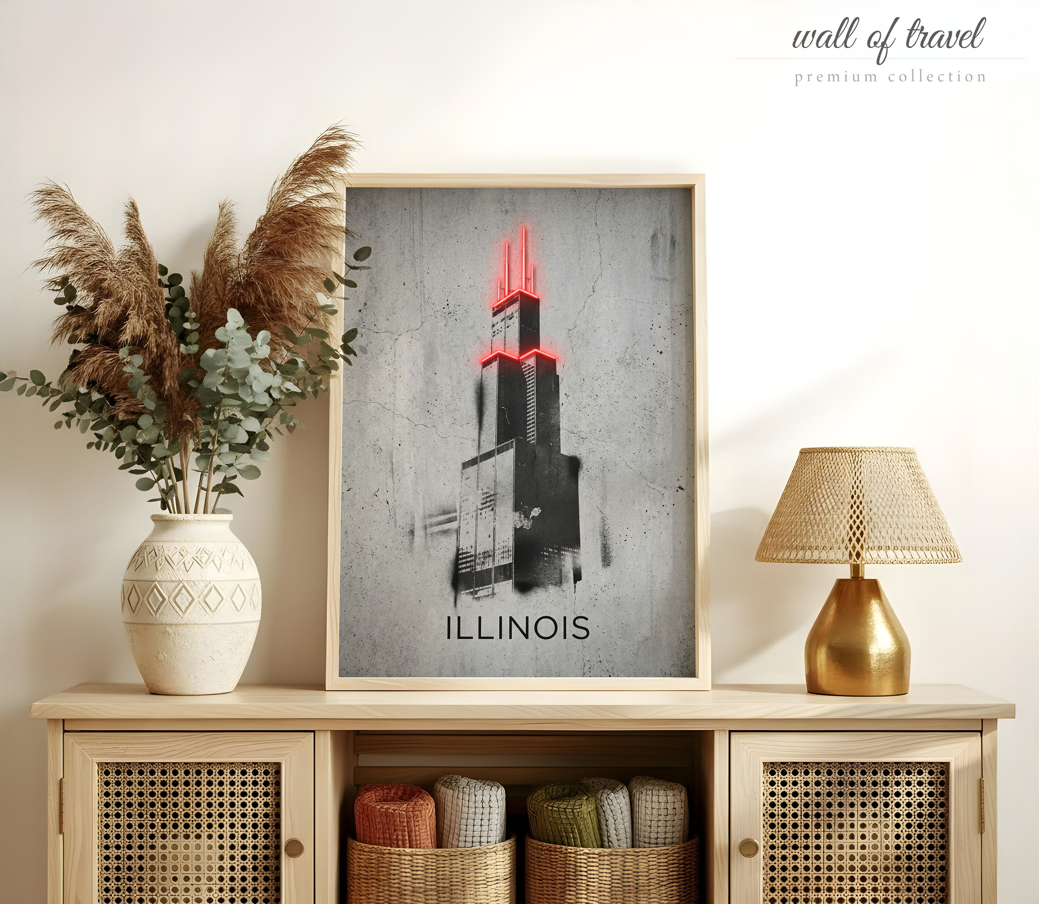 Chicago Illinois Willis Tower Art, Canvas or Poster, Neon Paint Splash Decor, Living Room Office Den Airbnb Wall Art, Red Black Grey White