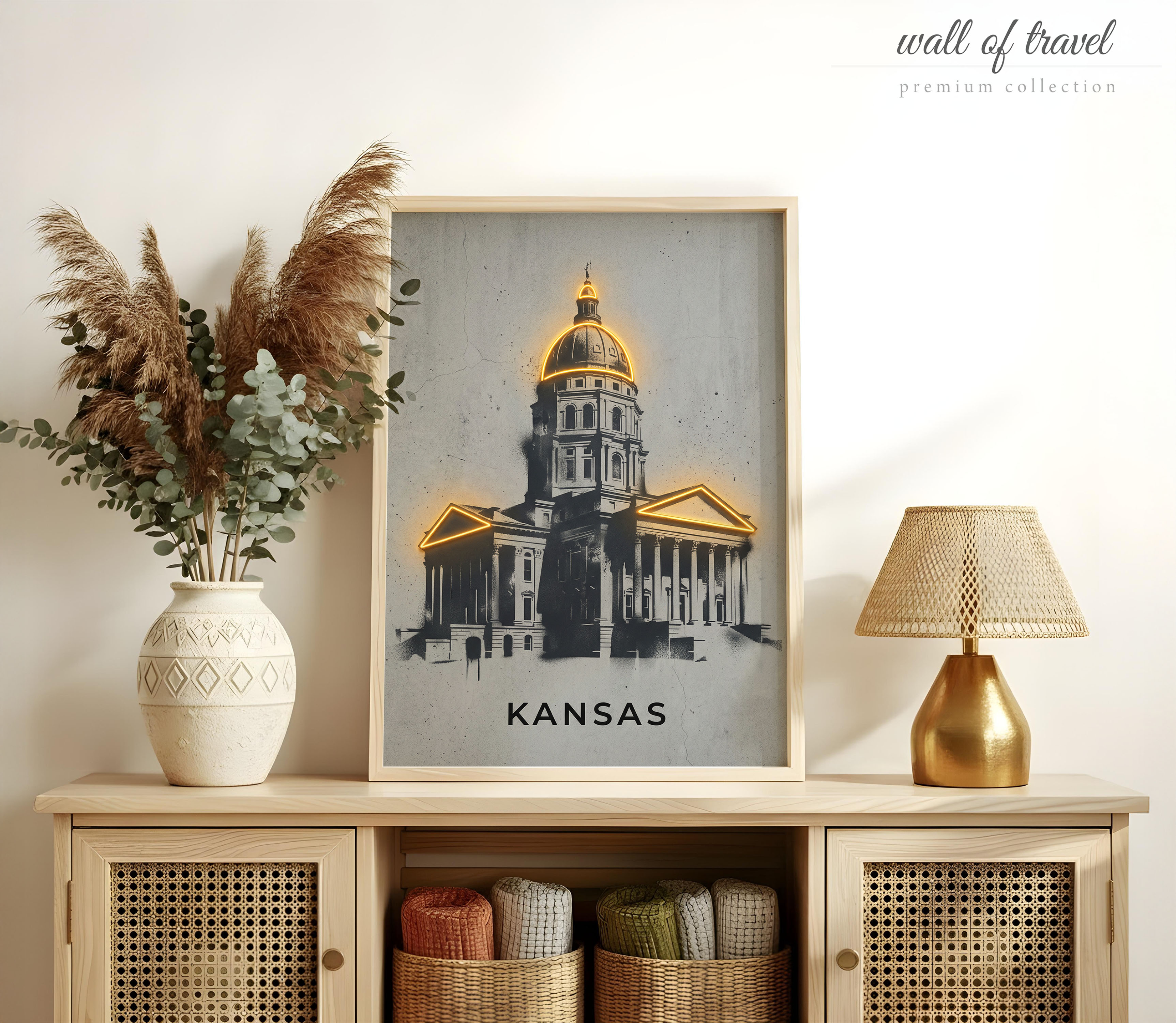Kansas USA State Capitol Building Art, Canvas or Poster, Neon Paint Splash Decor, Living Room Office Study Wall Art, Black Grey Yellow Gold