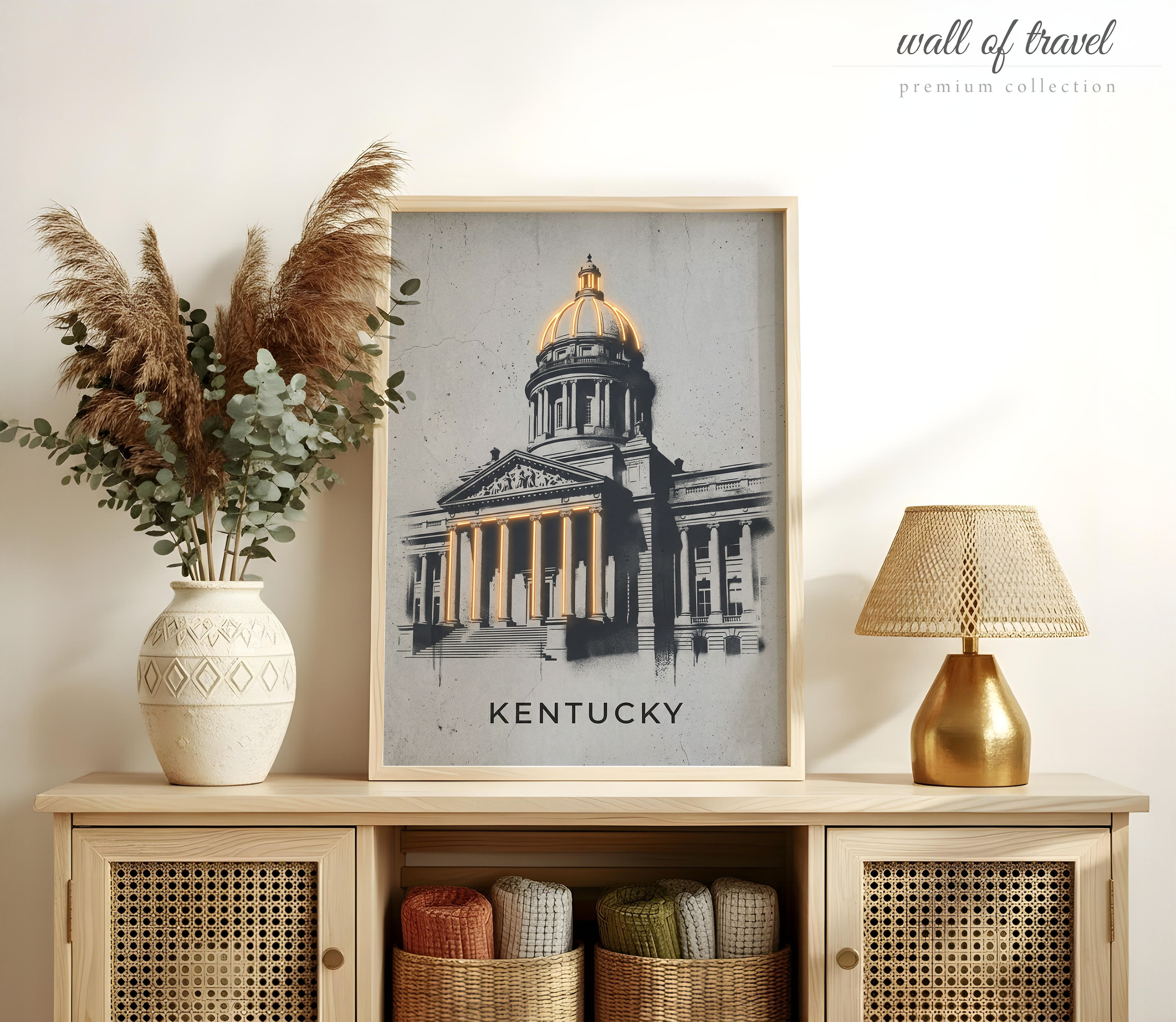 Frankfort Kentucky State Capitol Building Art, Canvas or Poster, Neon Paint Splash Decor, Living Room Office Study Wall Art, White Gold