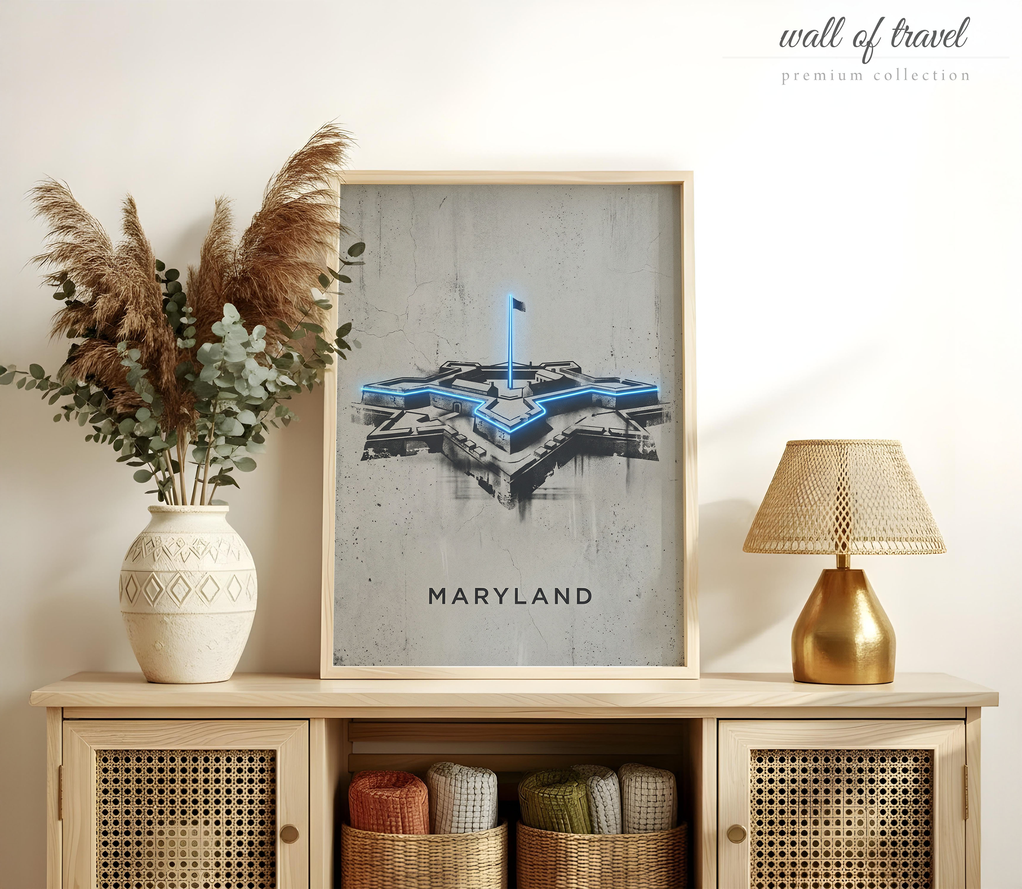 Maryland USA Star-shaped Fort Art, Canvas or Poster, Neon Paint Splash Decor, Living Room Office Entryway Wall Art, Blue Black Grey White