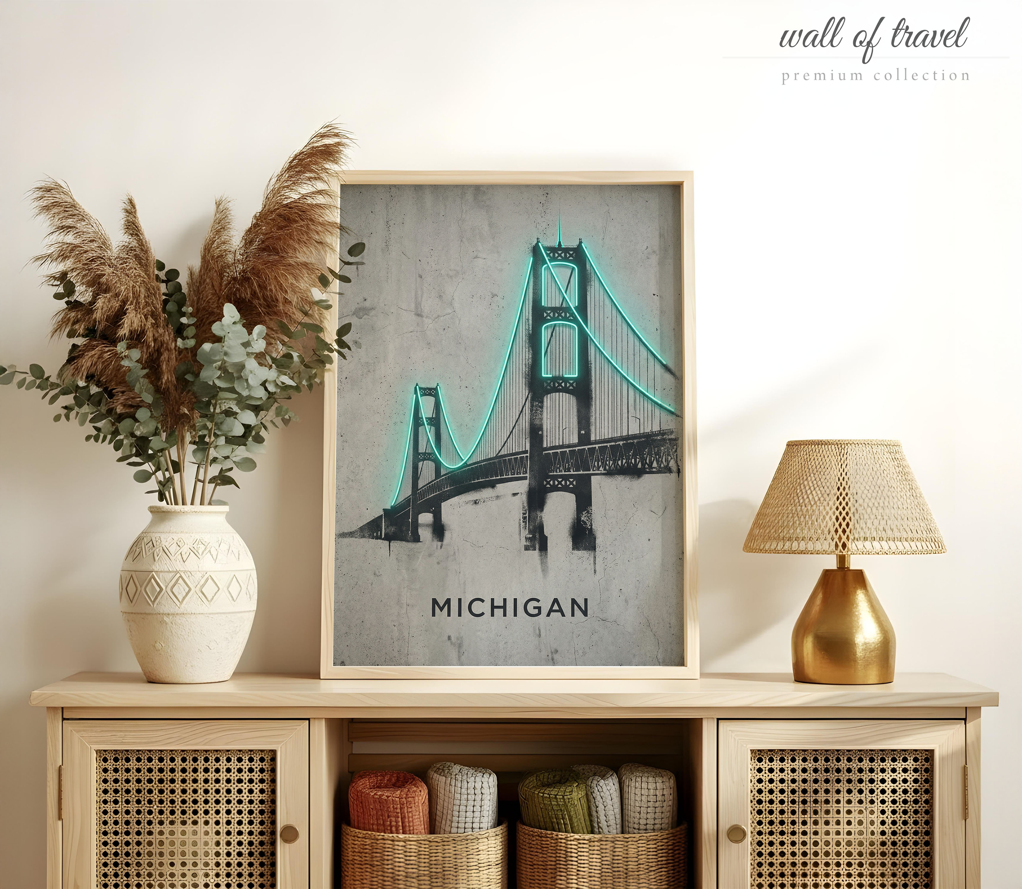 Mackinac Bridge Michigan Bridge Art, Canvas or Poster, Neon Paint Splash Decor, Living Room Office Home Bar Wall Art, Teal Black Grey White