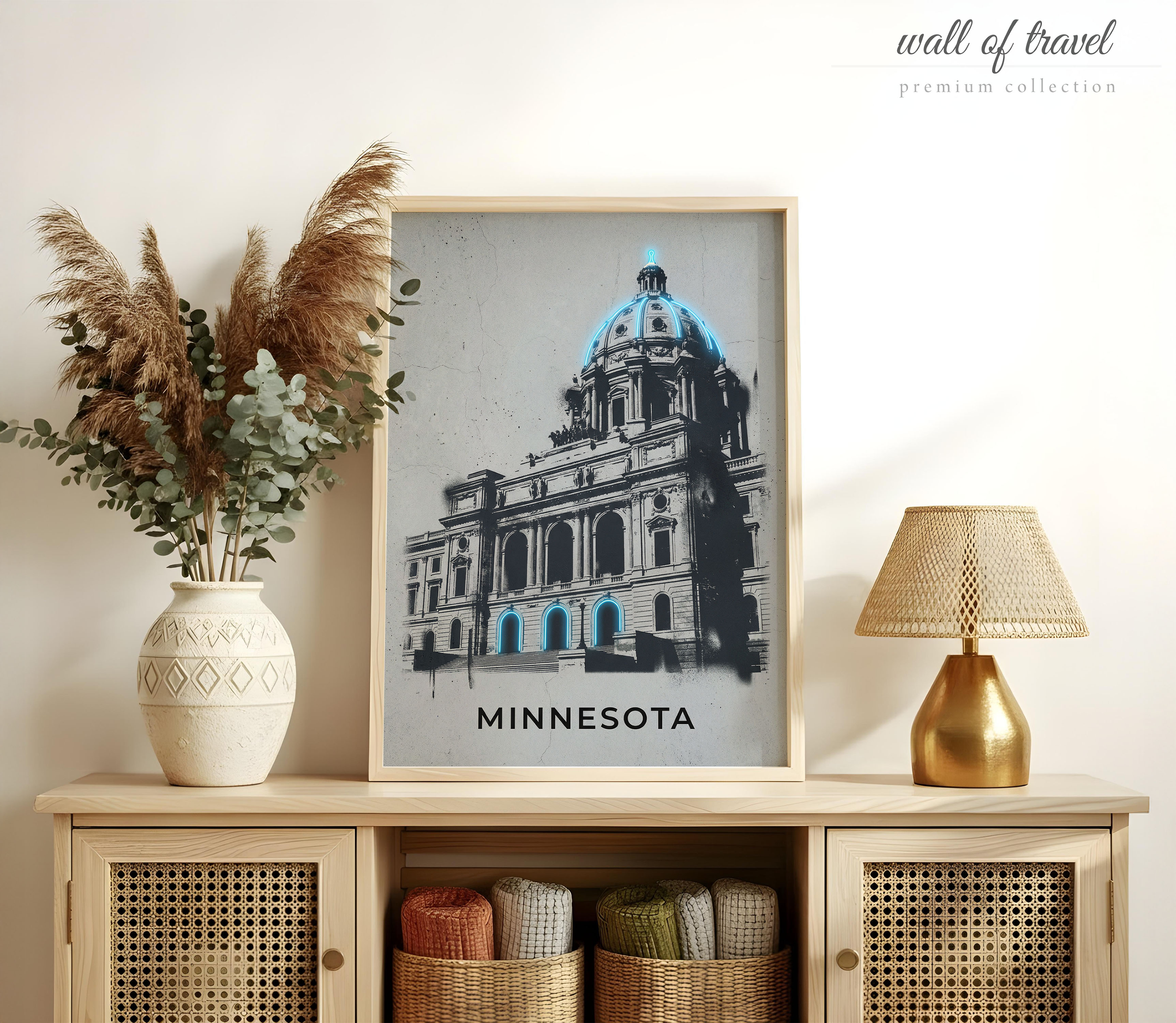 St. Paul Minnesota State Capitol Building Art, Canvas or Poster, Neon Paint Splash Decor, Living Room Office Entryway Wall Art, Blue Grey
