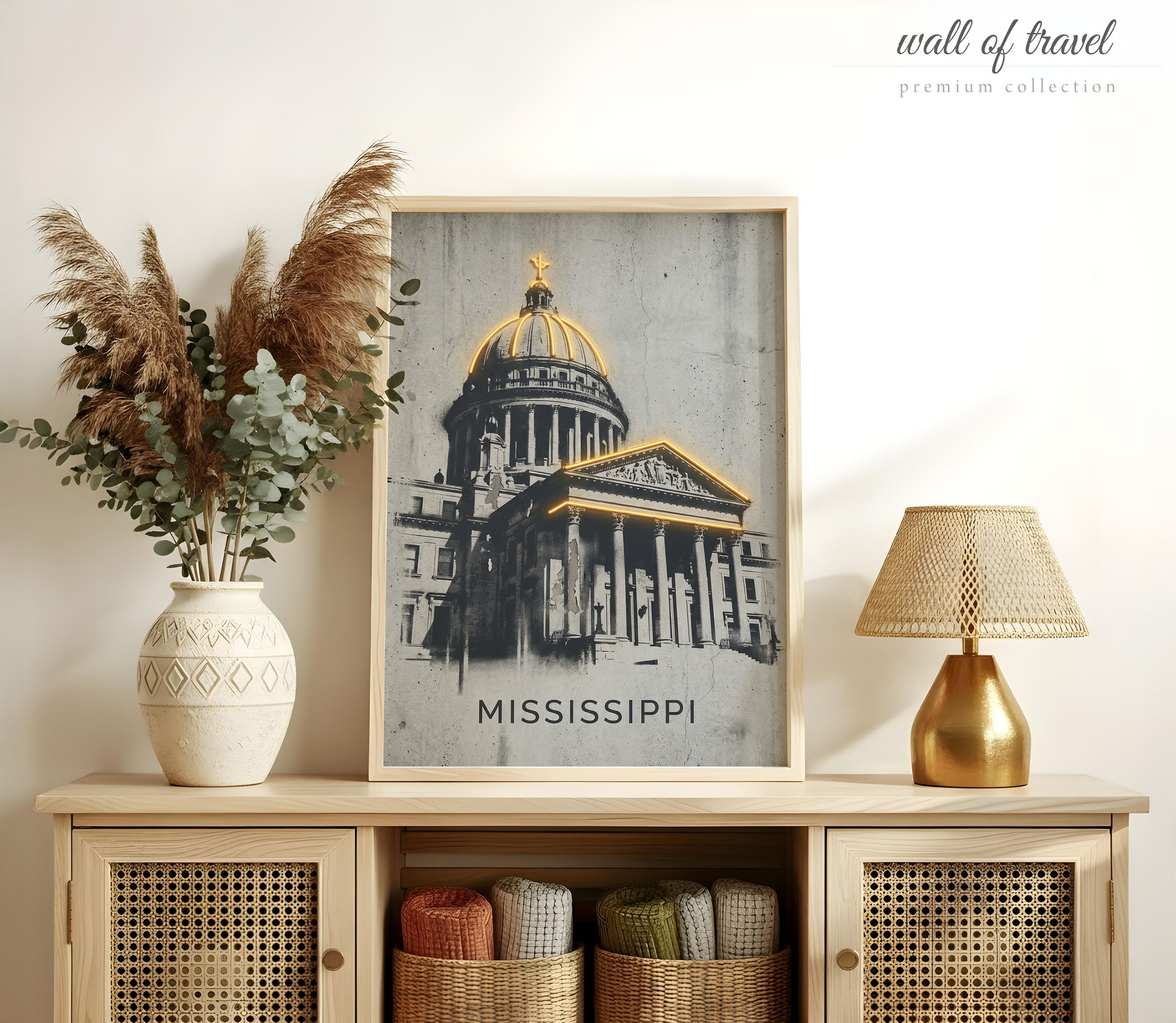 Mississippi State Capitol Building Art, Canvas or Poster, Neon Paint Splash Decor, Living Room Office Entryway Wall Art, Beige Black Yellow