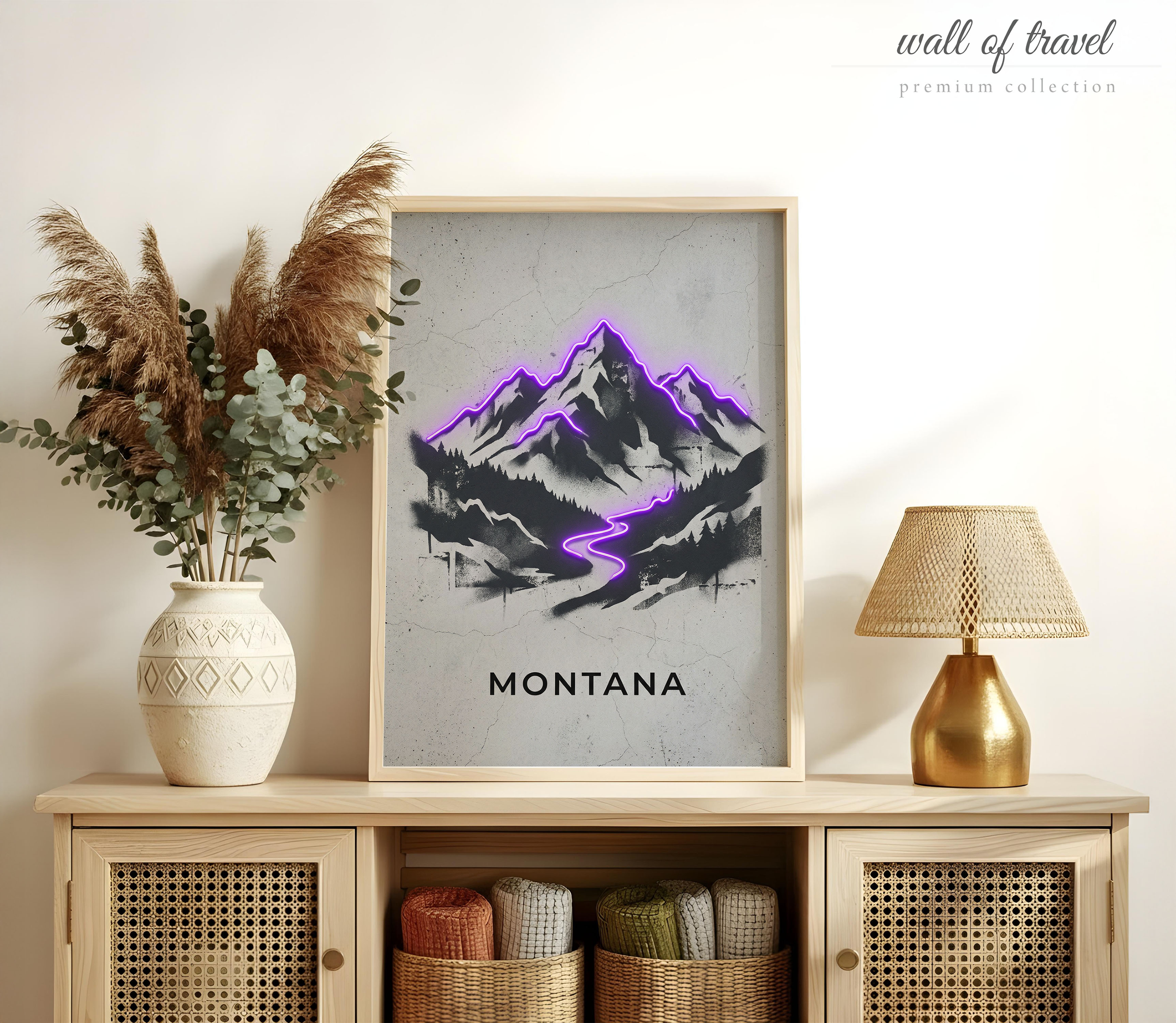 Montana USA Rocky Mountains Art, Canvas or Poster, Neon Paint Splash Decor, Living Room Bedroom Office Wall Art, Purple Black Grey White