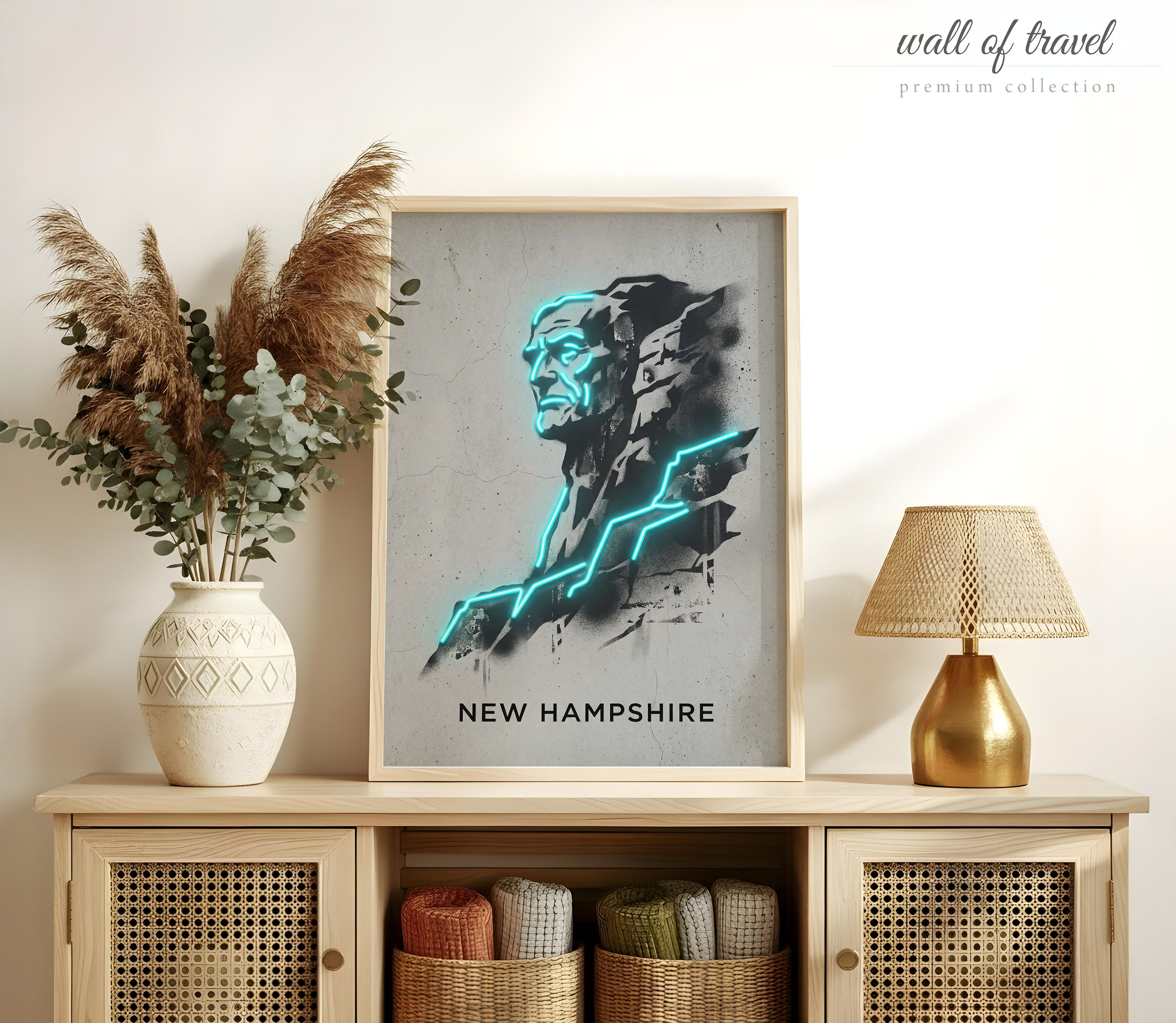 New Hampshire USA Old Man Of The Mountain Art, Canvas or Poster, Neon Paint Splash Decor, Living Room Office Den Wall Art, Blue Black Grey