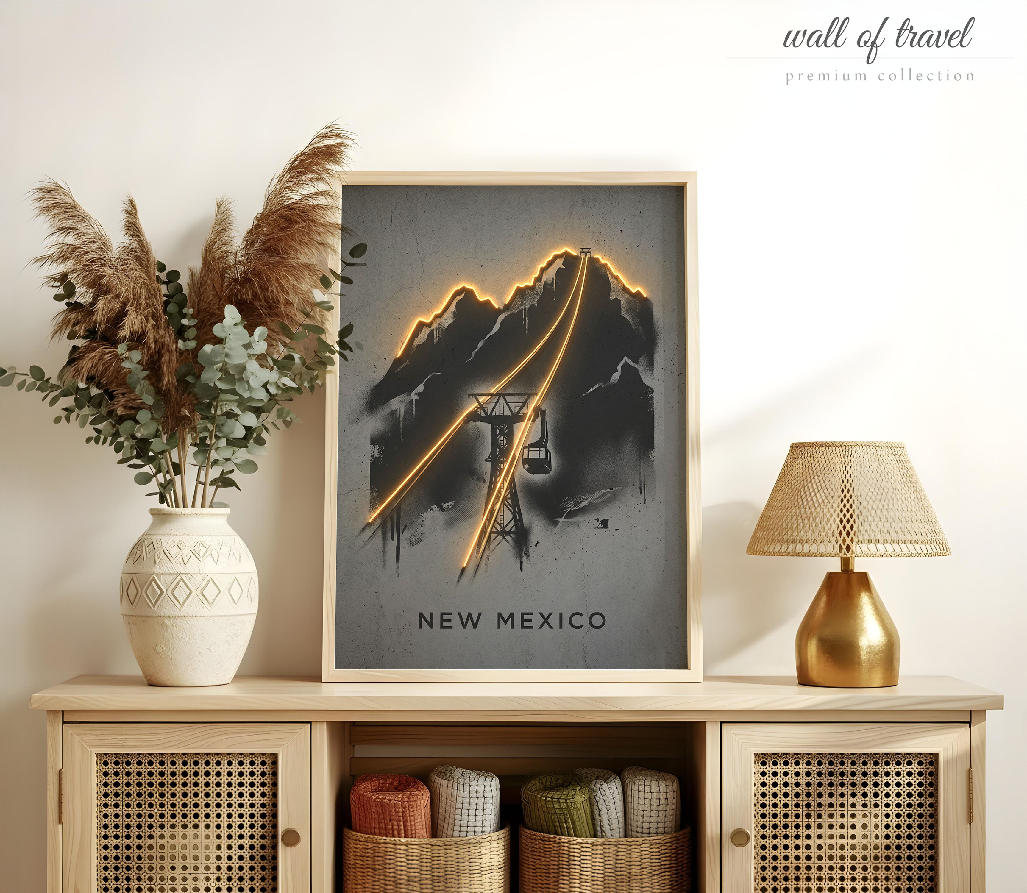 New Mexico USA Sandia Peak Tramway Art, Canvas or Poster, Neon Paint Splash Decor, Living Room Office Entryway Wall Art, Black Grey Yellow