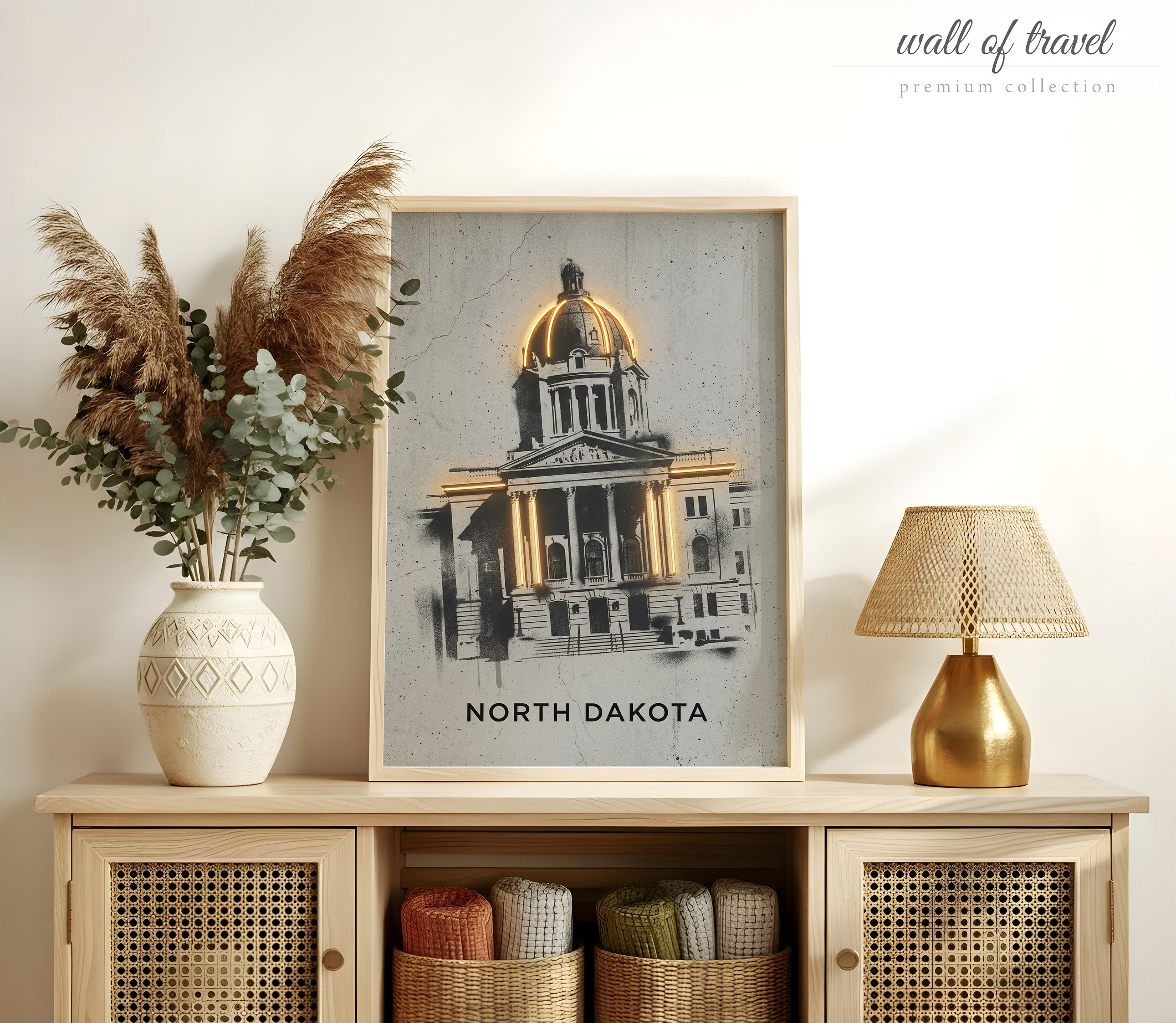 Bismarck North Dakota State Capitol Building Art, Canvas or Poster, Neon Paint Splash Decor, Office Living Room Study Wall Art, Gold Grey
