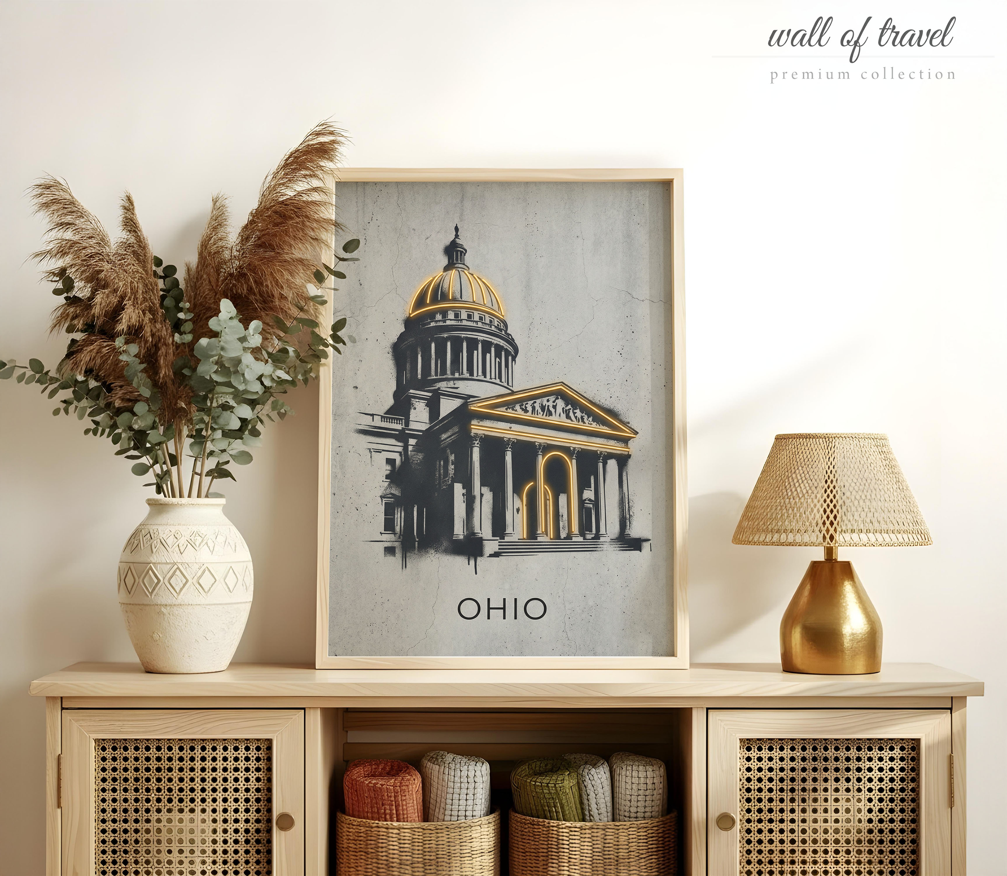 Columbus Ohio Statehouse Art, Canvas or Poster, Graffiti Pop Art Decor, Living Room Office Study Entryway Wall Art, Grey Yellow Black White