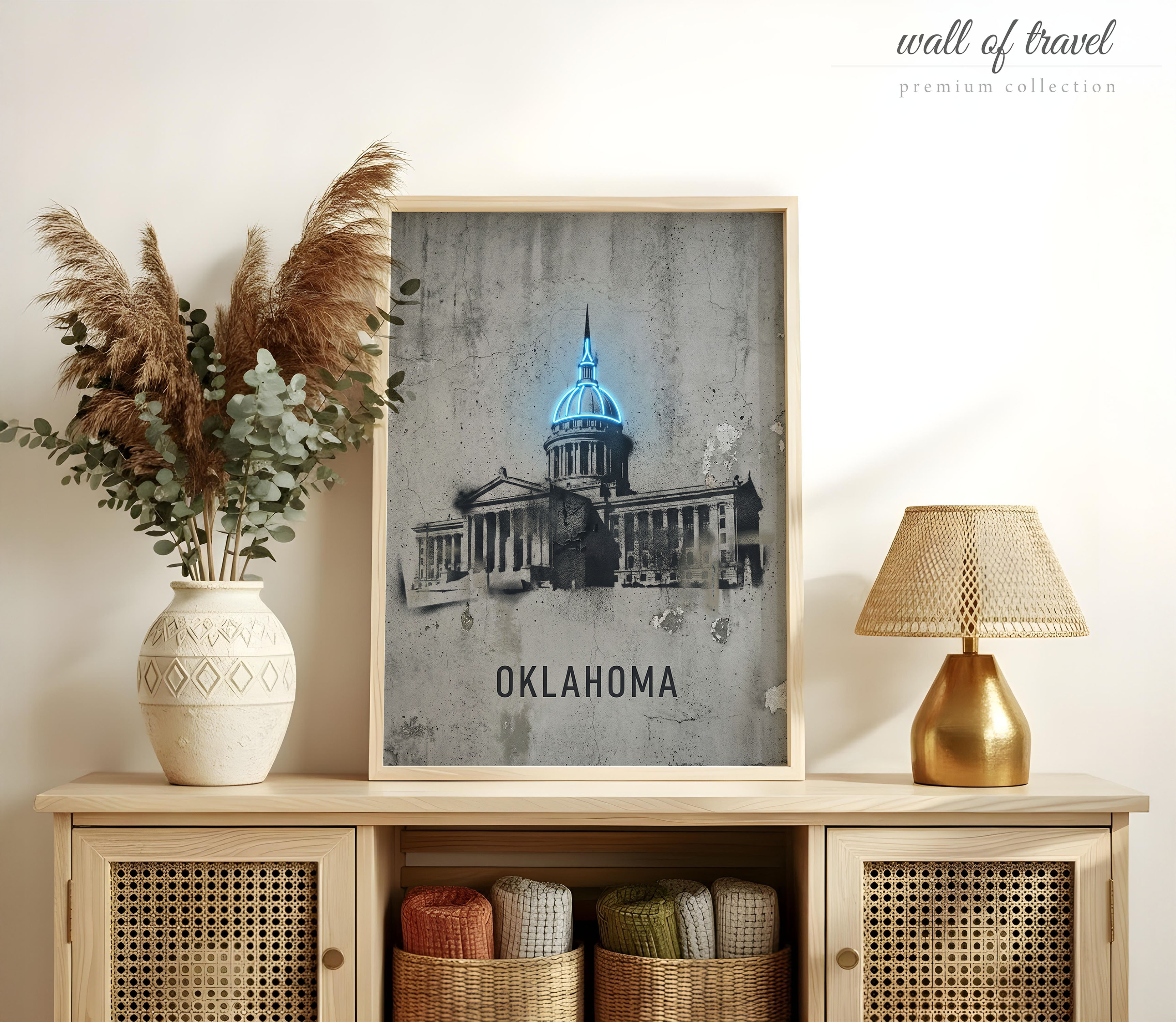 Oklahoma City State Capitol Building Art, Canvas or Poster, Graffiti Pop Art Decor, Living Room Office Entryway Wall Art, Blue Black Grey