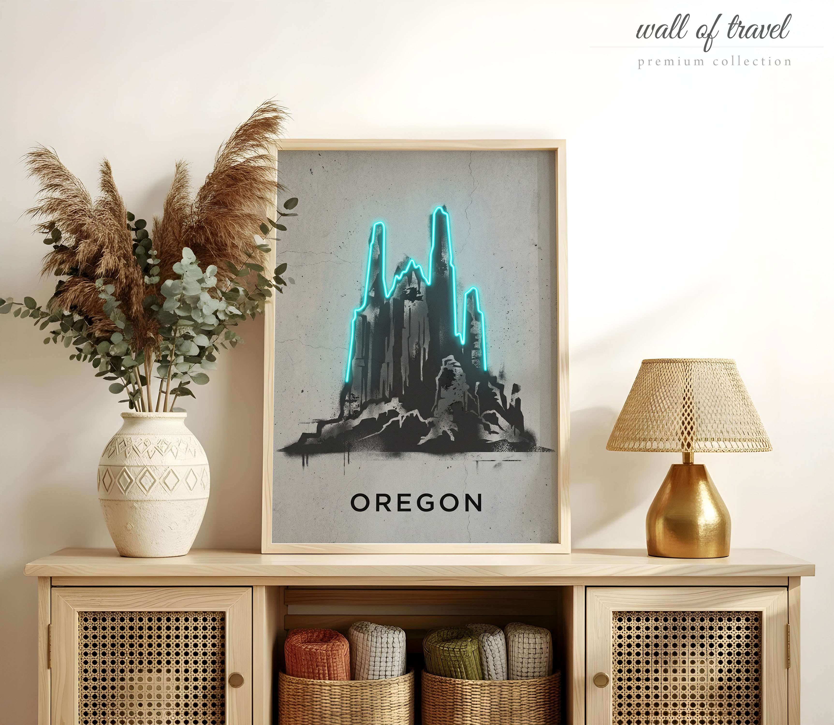 Oregon USA Jagged Mountain Peaks Art, Canvas or Poster, Neon Paint Splash Decor, Living Room Office Entryway Wall Art, Teal Black White
