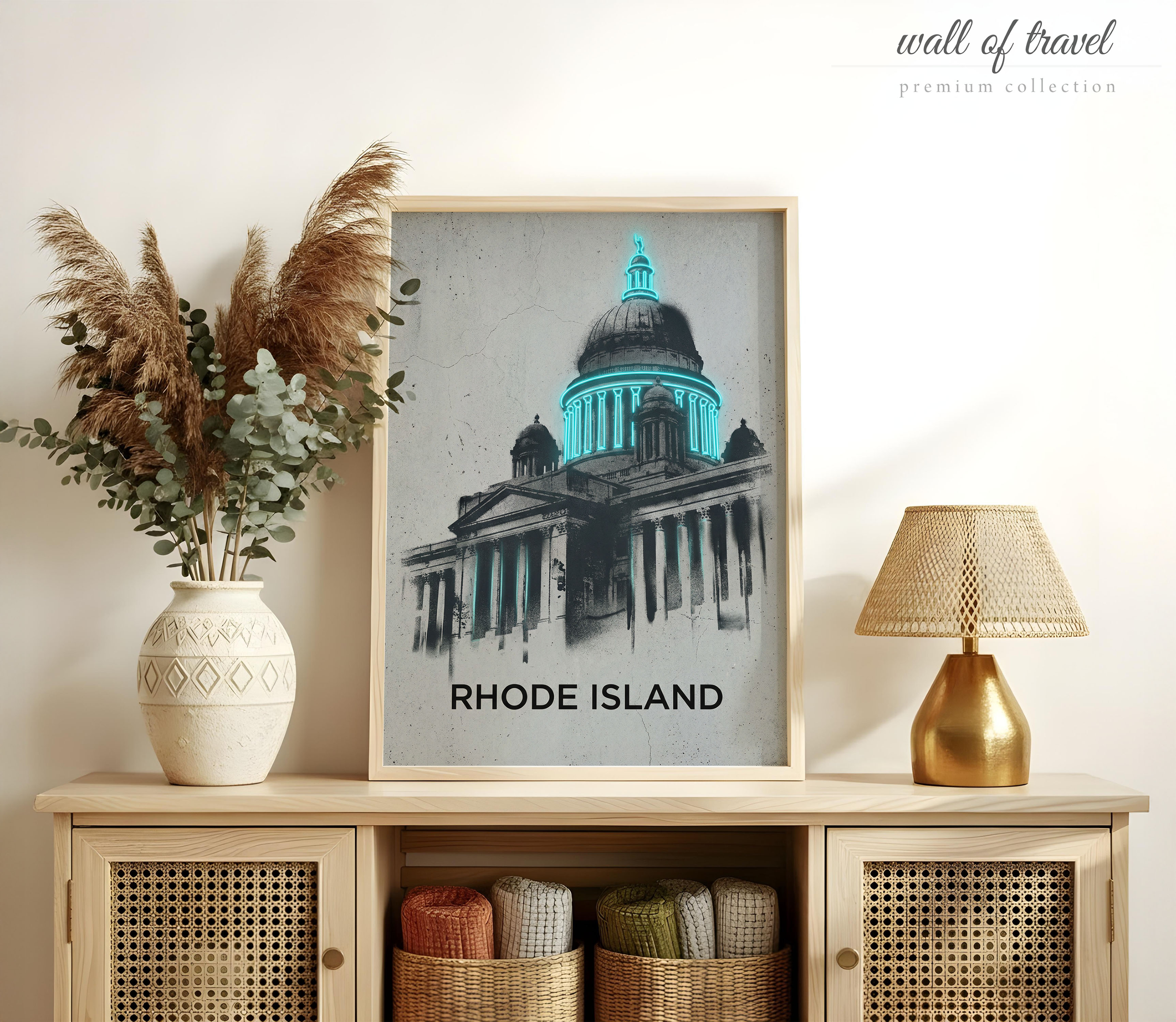 Providence Rhode Island State House Art, Canvas or Poster, Neon Paint Splash Decor, Living Room Office Entryway Wall Art, Teal Grey Black