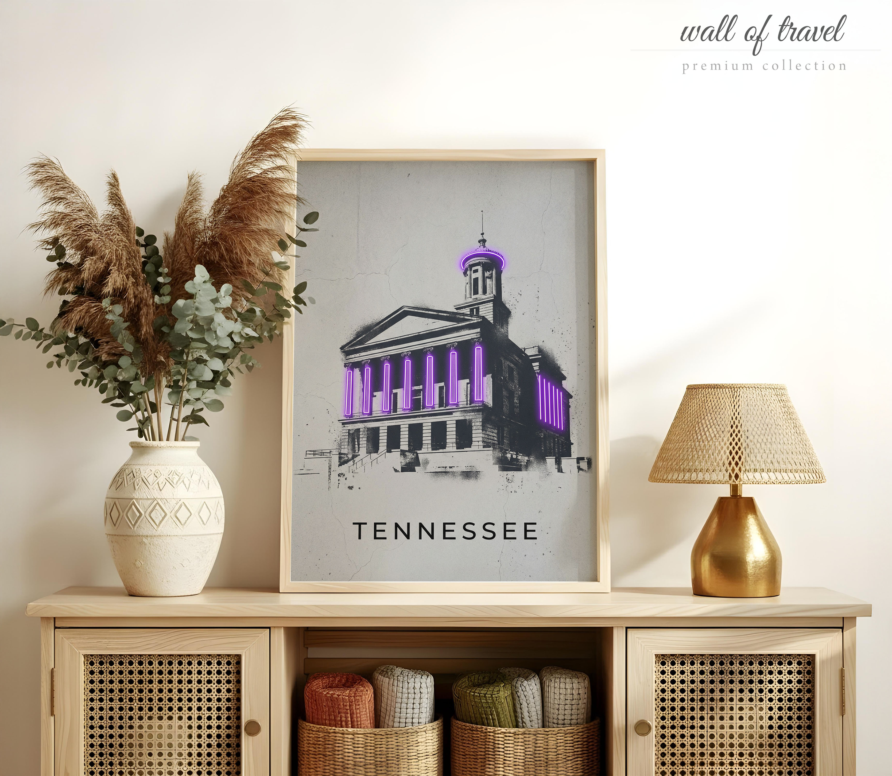 Tennessee USA State Capitol Building Art, Canvas or Poster, Neon Paint Splash Decor, Living Room Office Entryway Wall Art, Black White Grey
