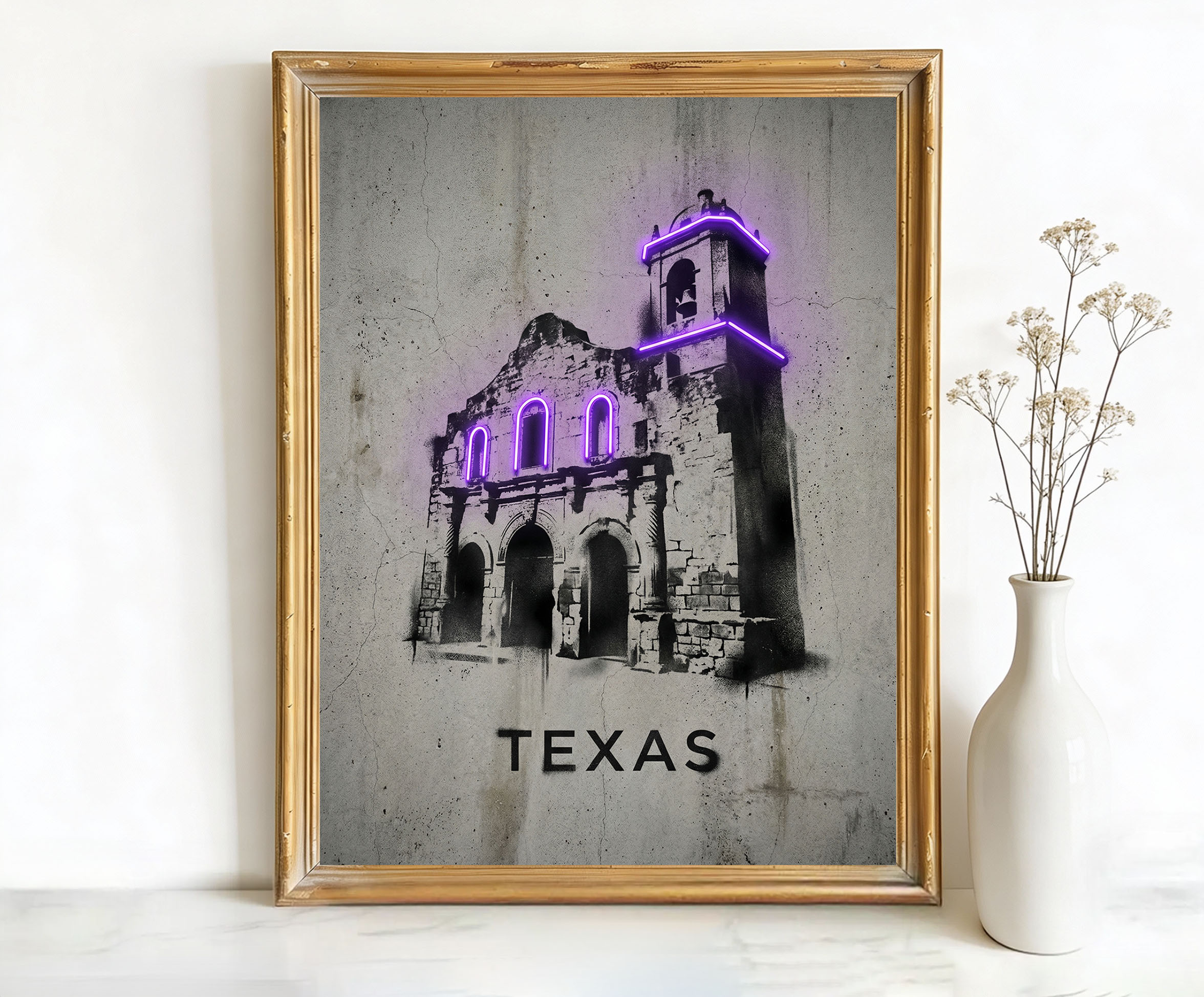 San Antonio Texas The Alamo Art, Canvas or Poster, Neon Paint Splash Decor, Living Room Office Study Wall Art, Purple Black White