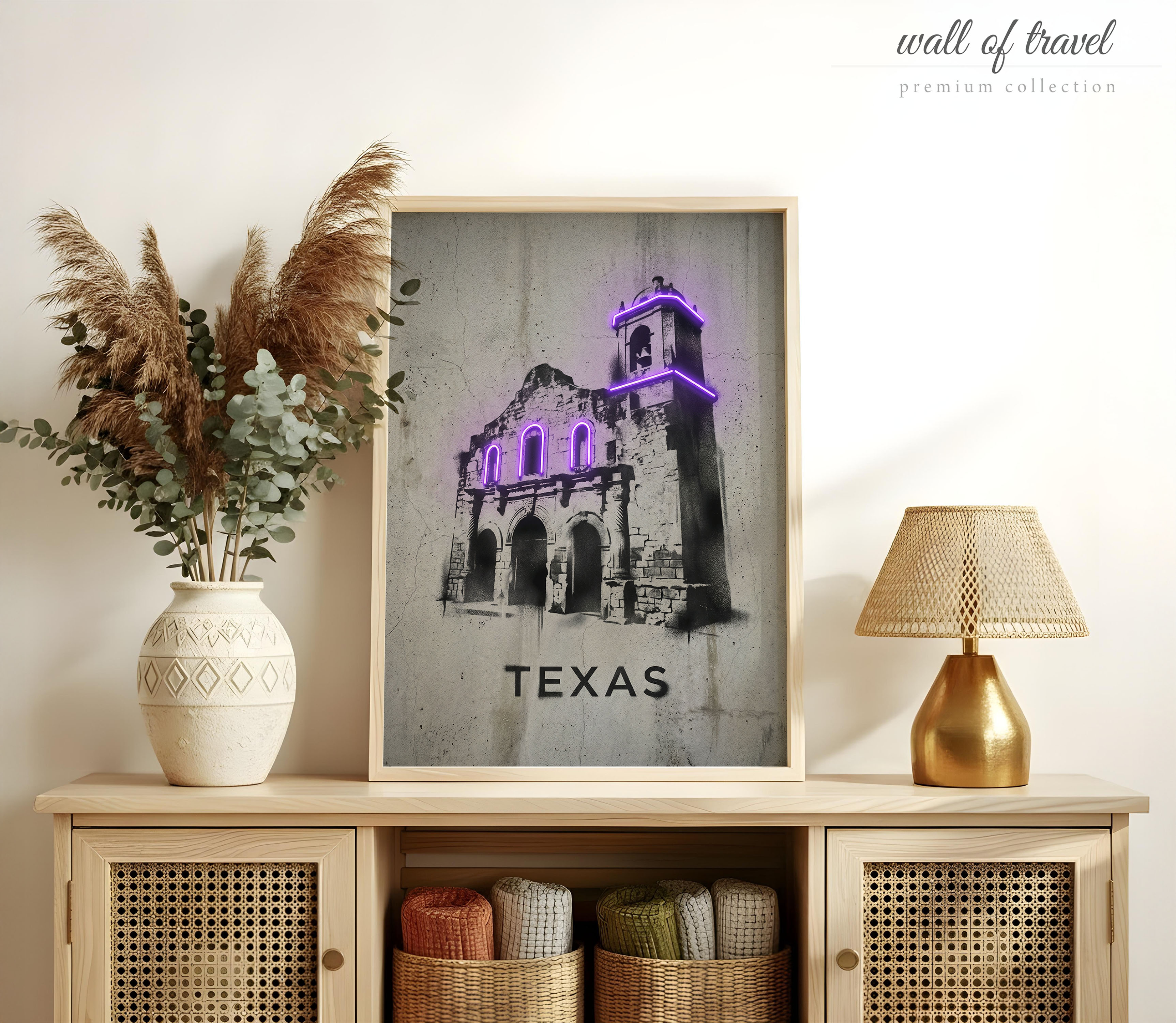 San Antonio Texas The Alamo Art, Canvas or Poster, Neon Paint Splash Decor, Living Room Office Study Wall Art, Purple Black White