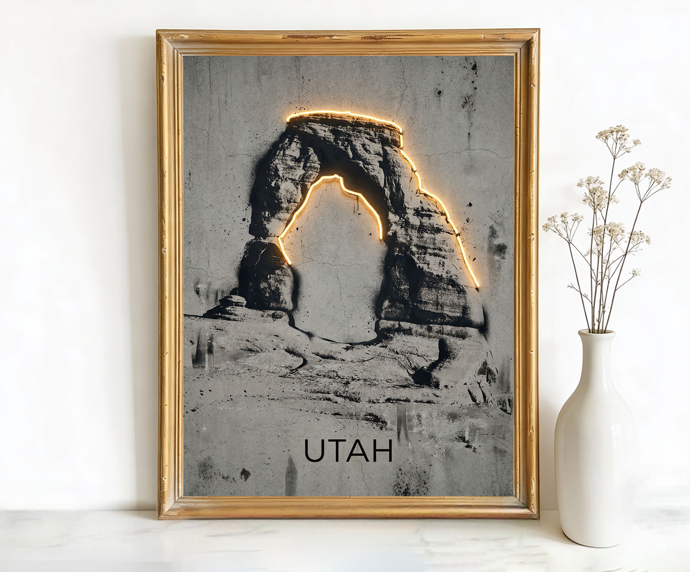 Utah USA Delicate Arch Art, Canvas or Poster, Neon Paint Splash Decor, Living Room Office Entryway Wall Art, Orange Grey Black