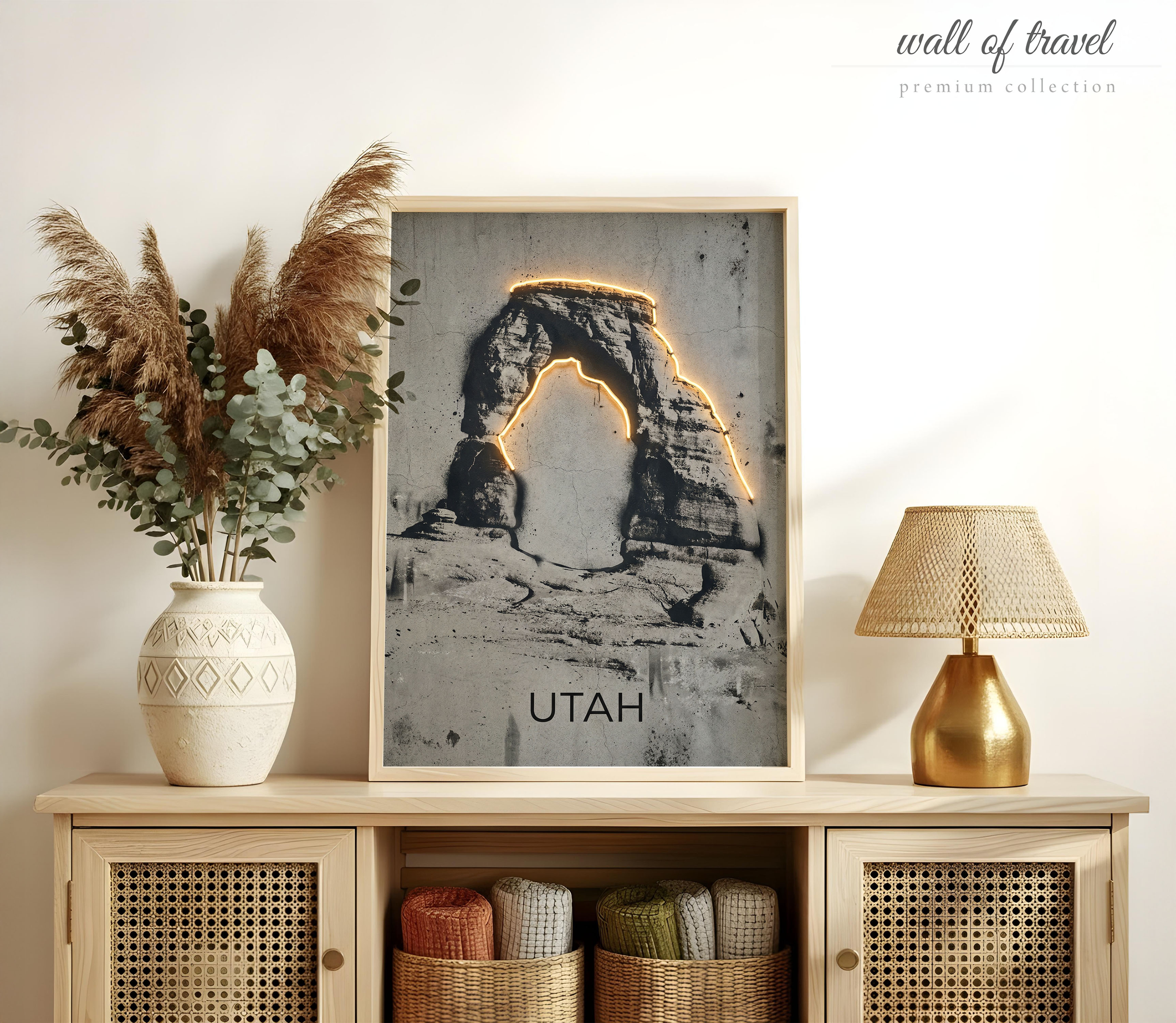 Utah USA Delicate Arch Art, Canvas or Poster, Neon Paint Splash Decor, Living Room Office Entryway Wall Art, Orange Grey Black