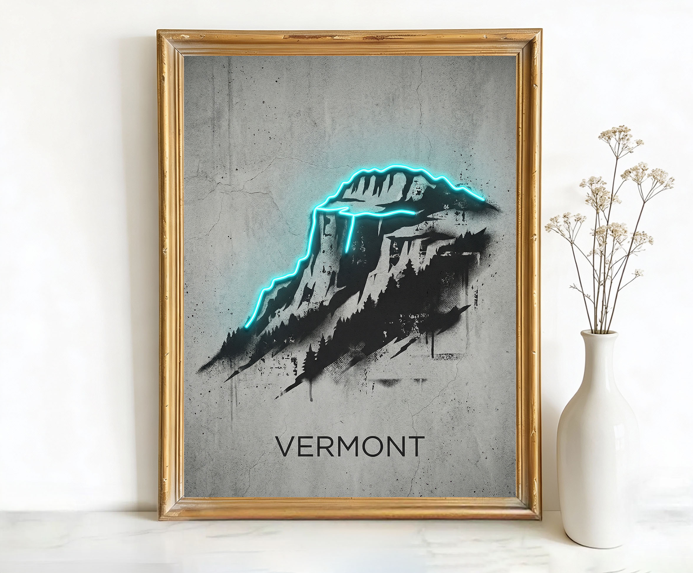 Vermont USA Mountain Landscape Art, Canvas or Poster, Neon Paint Splash Decor, Living Room Office Study Wall Art, Teal Black Grey White