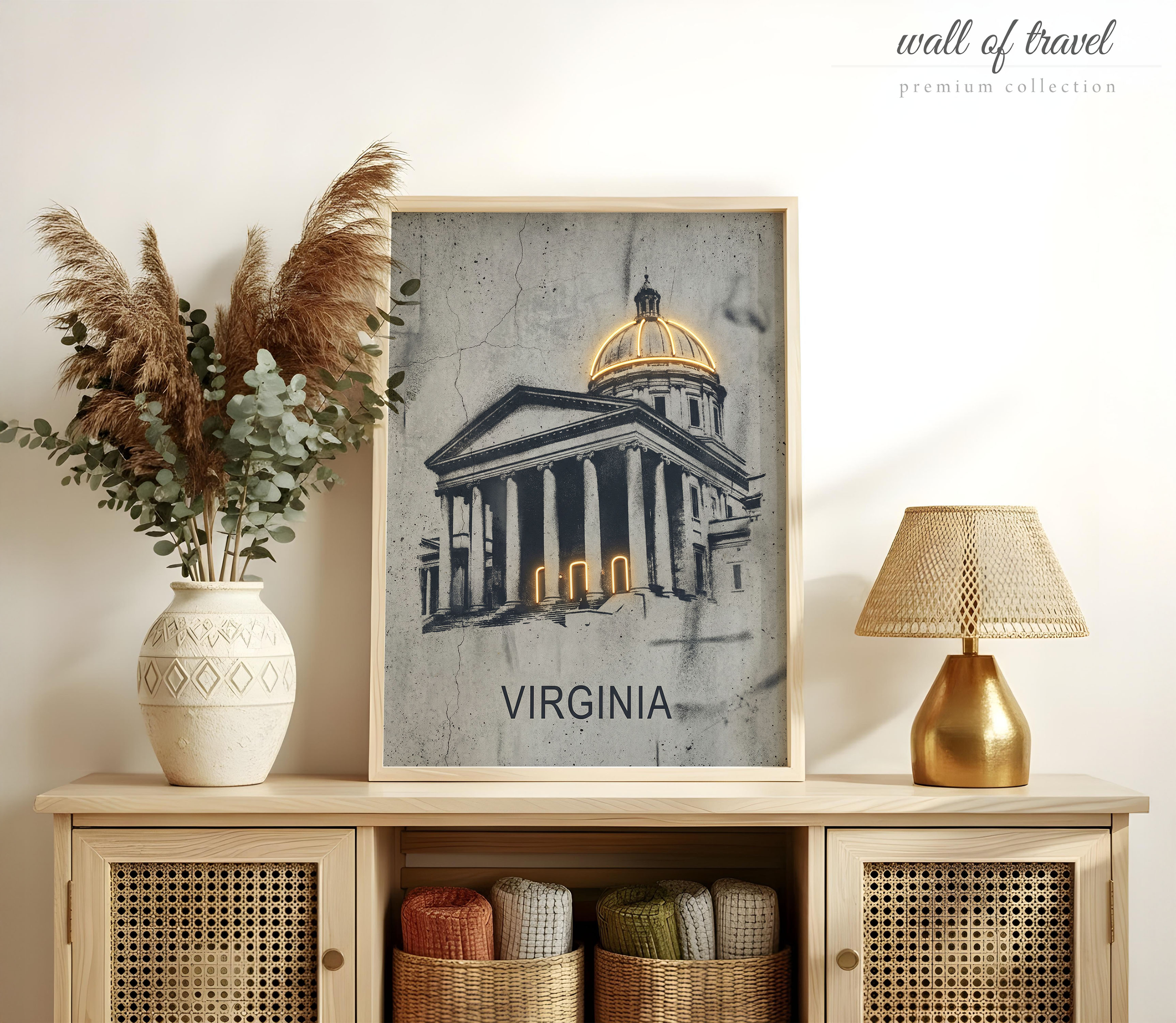 Virginia USA State Capitol Building Art, Canvas or Poster, Neon Paint Splash Decor, Office Living Room Study Wall Art, Gold Black White