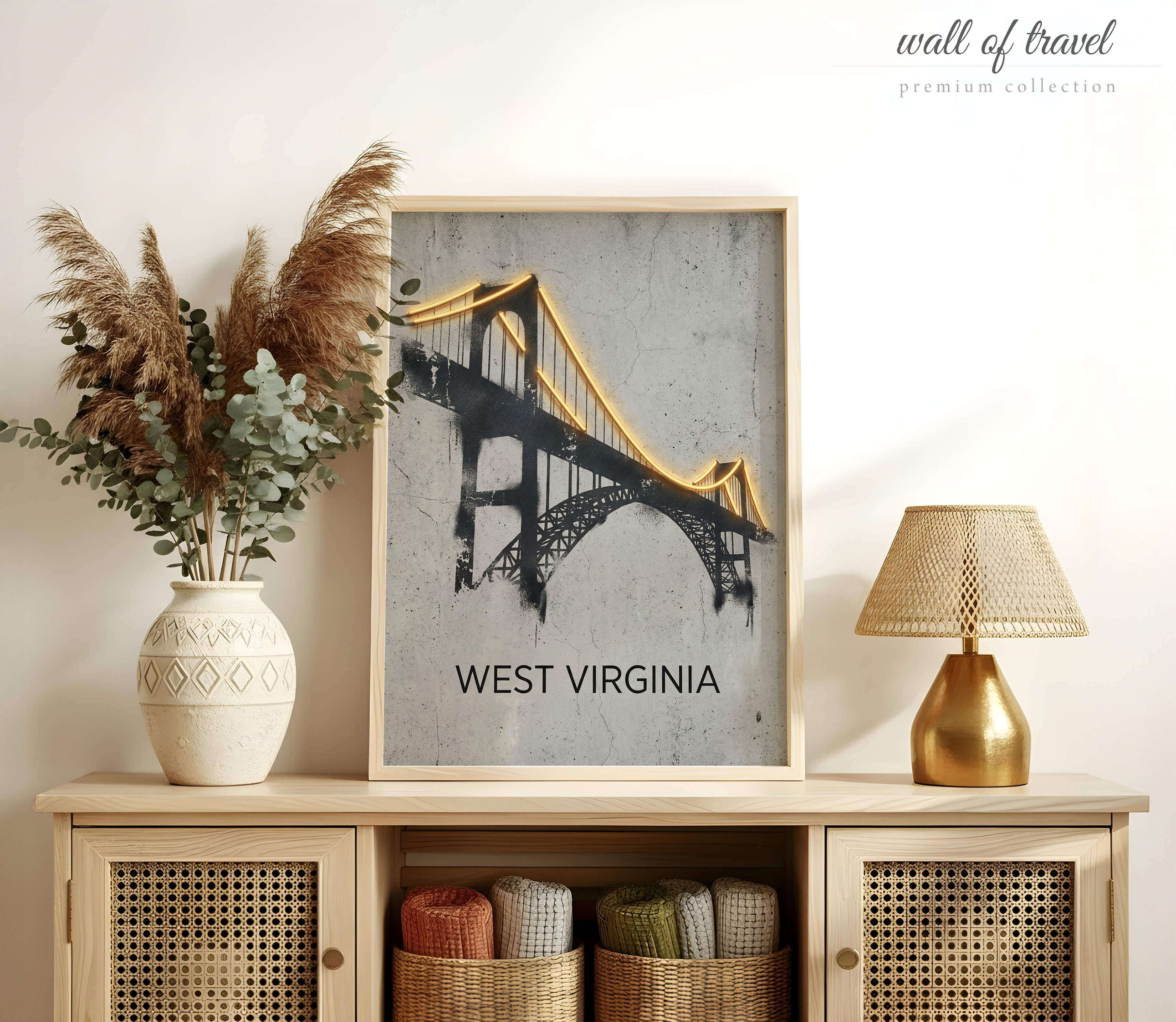 New River Gorge Bridge West Virginia New Gorge Bridge Art, Canvas or Poster, Neon Paint Splash Decor, Entryway Office Wall Art, Grey Black