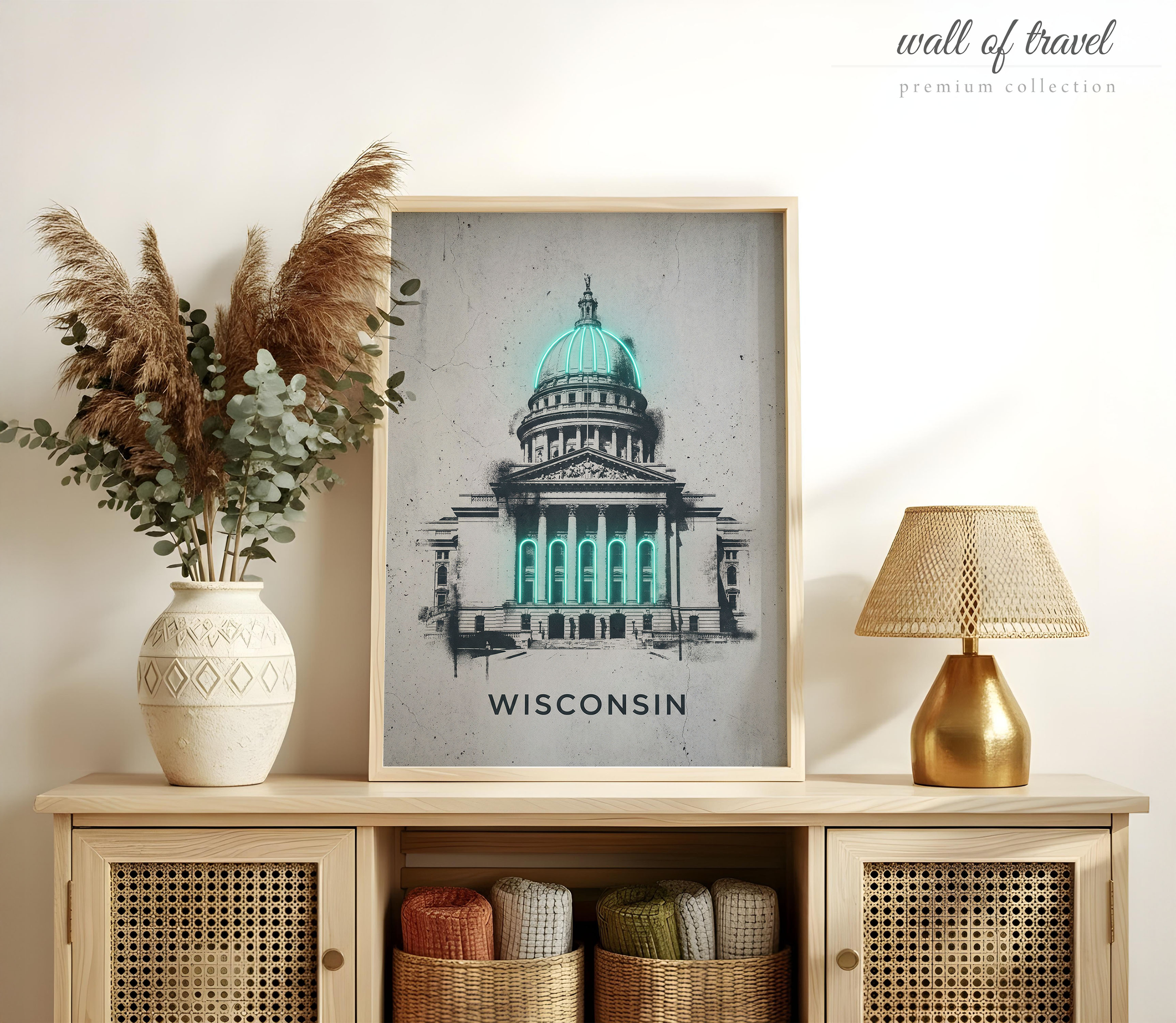 Madison Wisconsin State Capitol Building Art, Canvas or Poster, Neon Paint Splash Decor, Living Room Office Entryway Wall Art, Teal Grey
