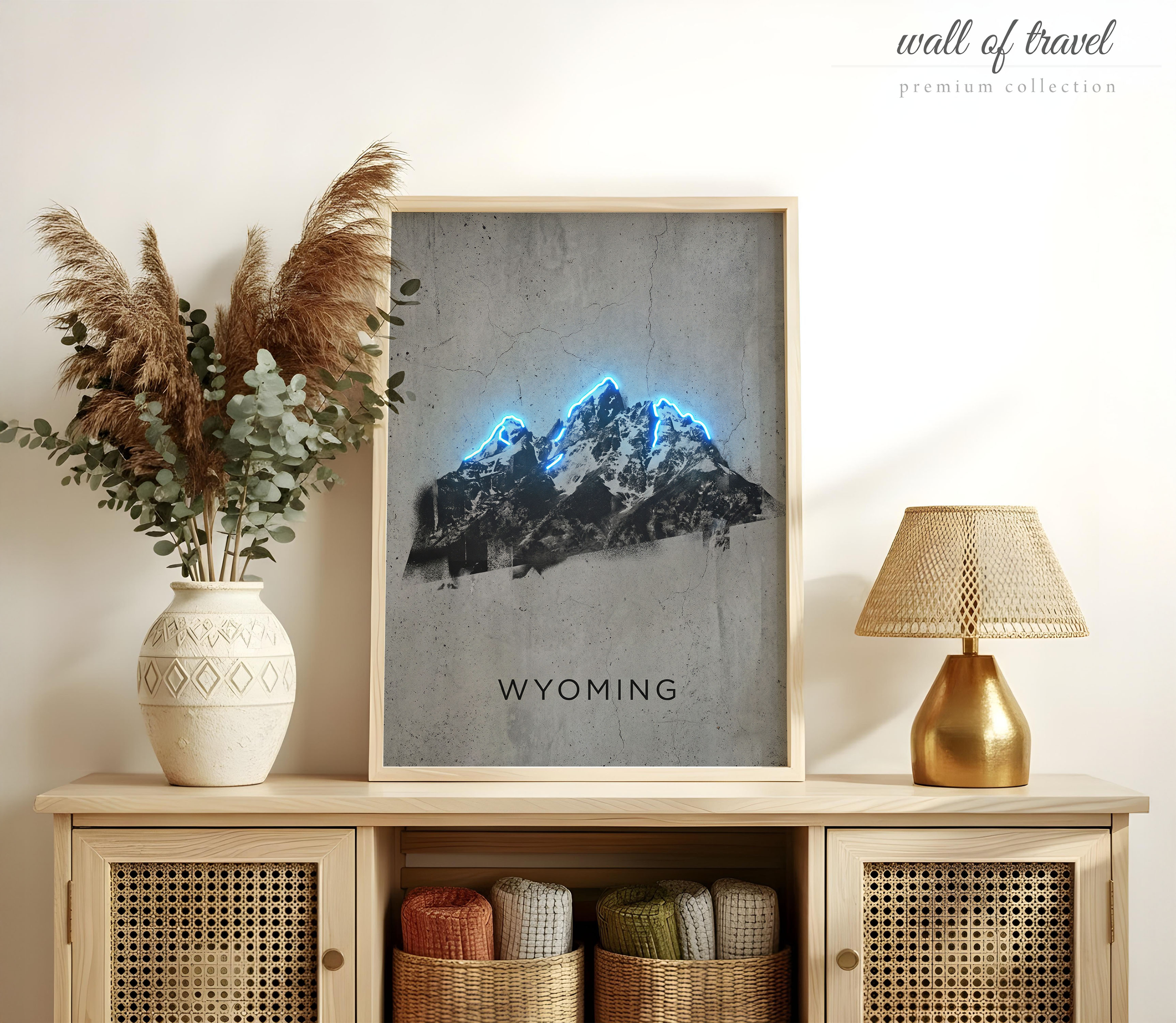 Wyoming USA Teton Range Art, Canvas or Poster, Neon Paint Splash Decor, Living Room Bedroom Office Vacation Home Wall Art, Blue White Grey